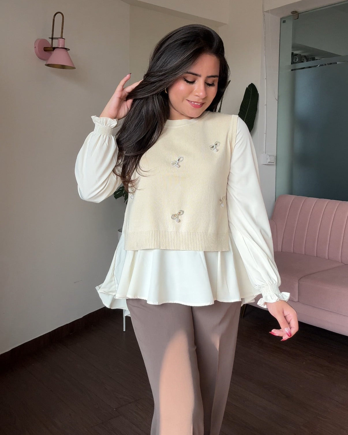 2-Piece Stone Detailing With Pearl Pins Ruffle Blouse With Vest Top
