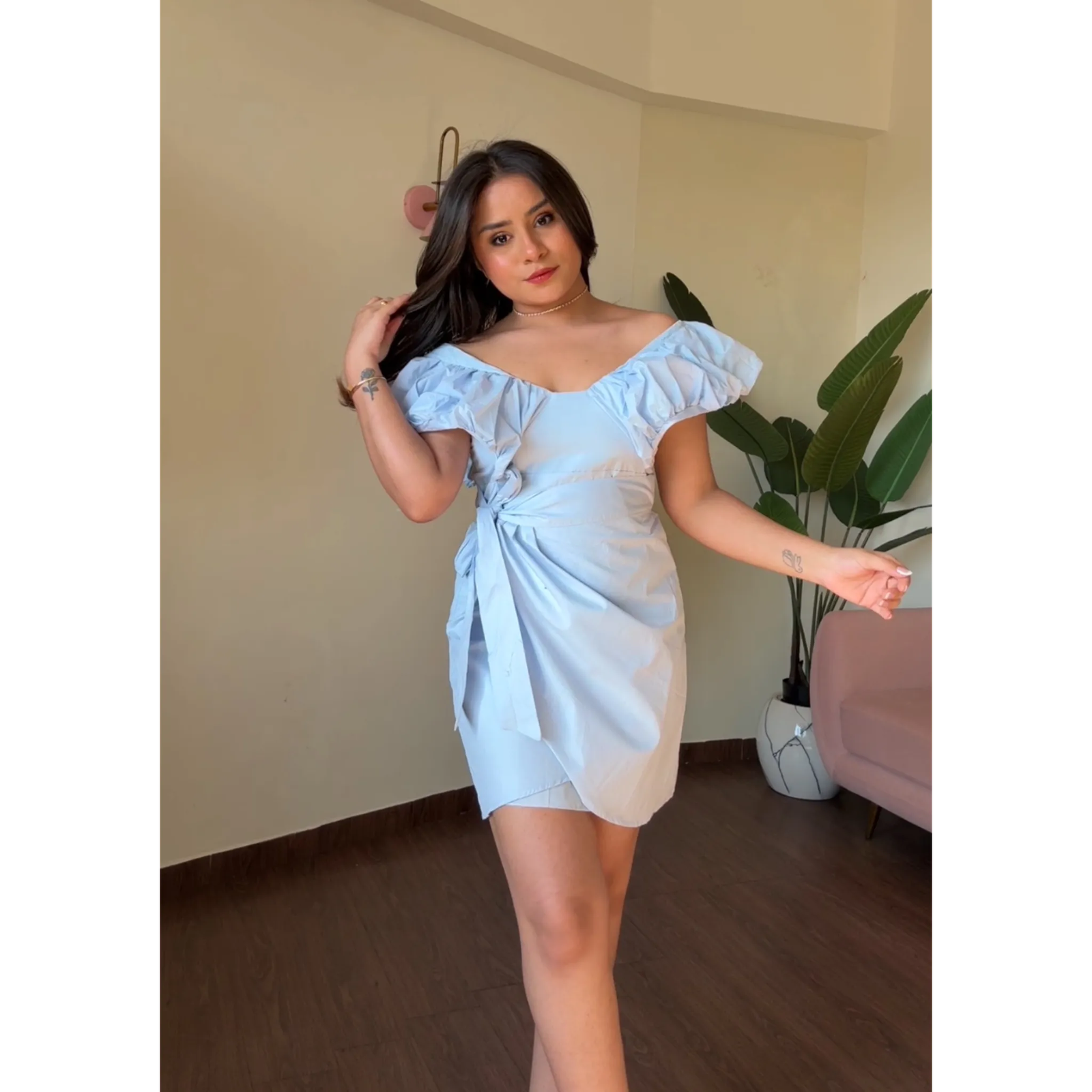 Wrap Around Solid Puff Dress