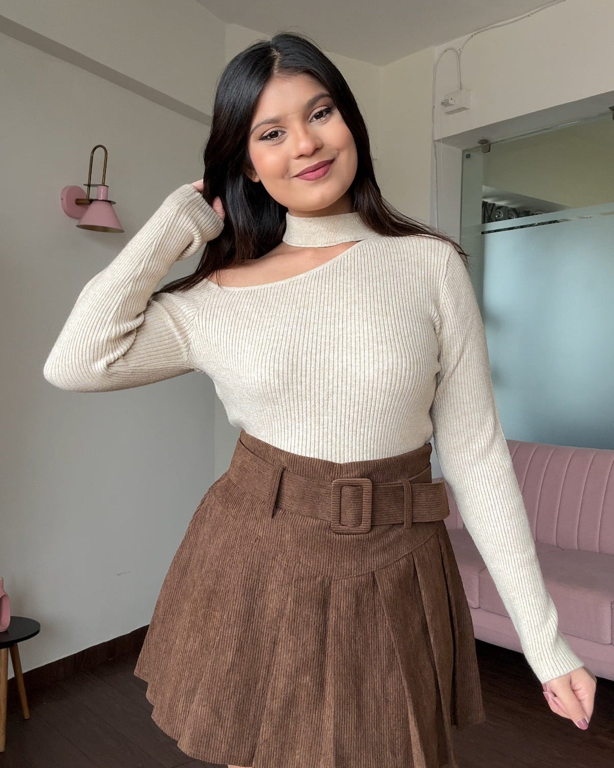 Neck Cut-Out Ribbed Knitted Sweater Top