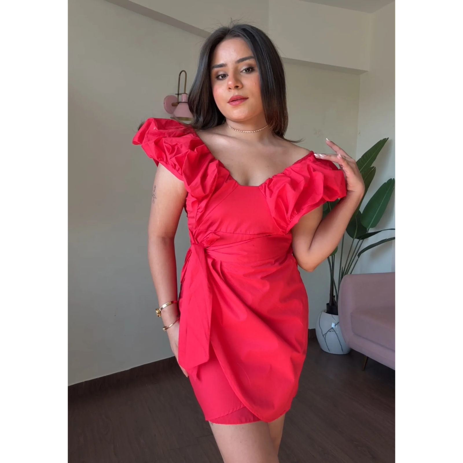 Wrap Around Solid Puff Dress