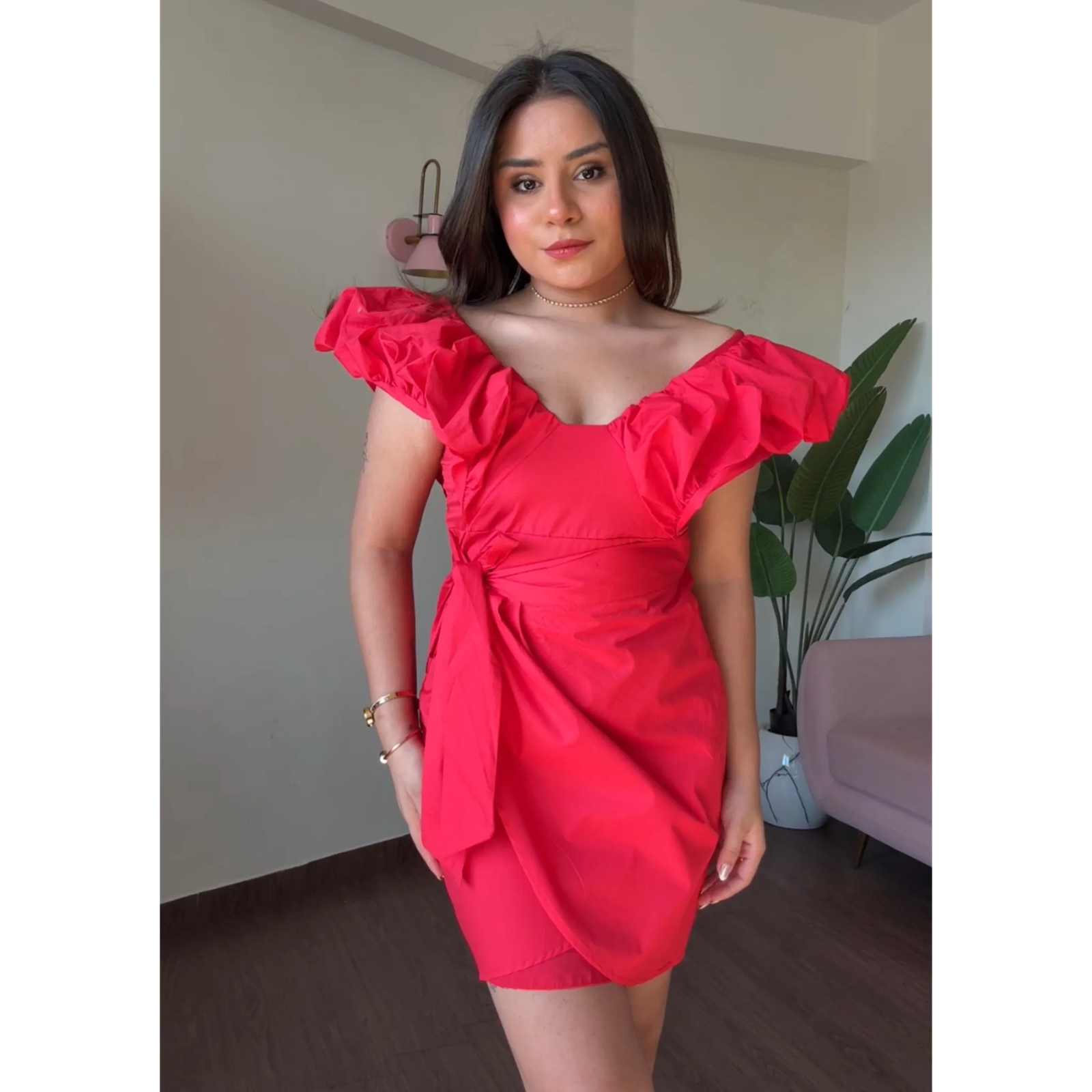 Wrap Around Solid Puff Dress