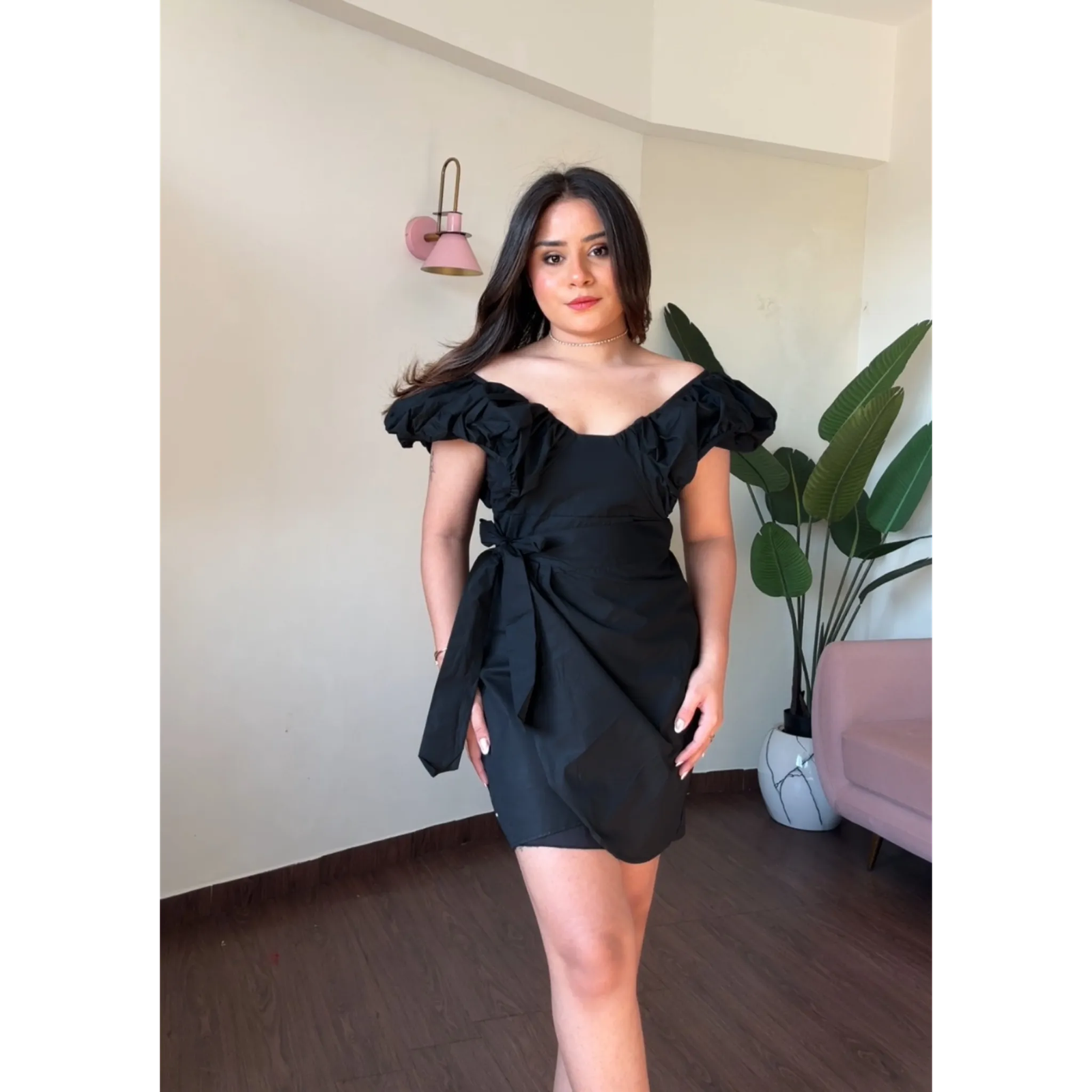 Wrap Around Solid Puff Dress