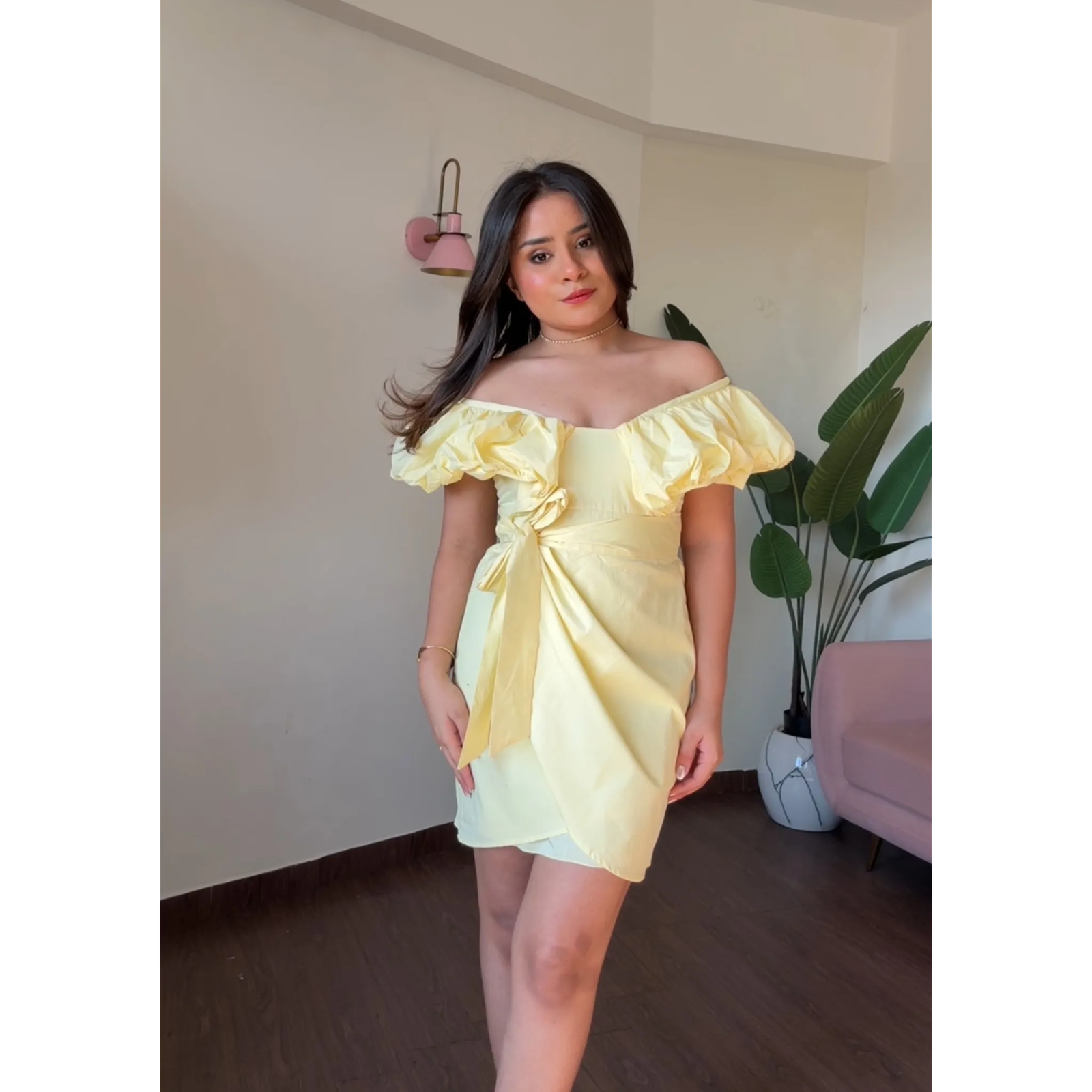 Wrap Around Solid Puff Dress