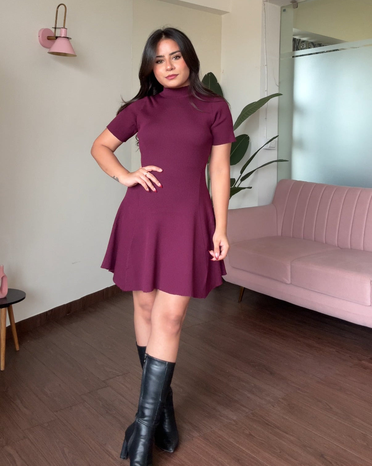 High Neck Ribbed Knitted Flared Mini Dress