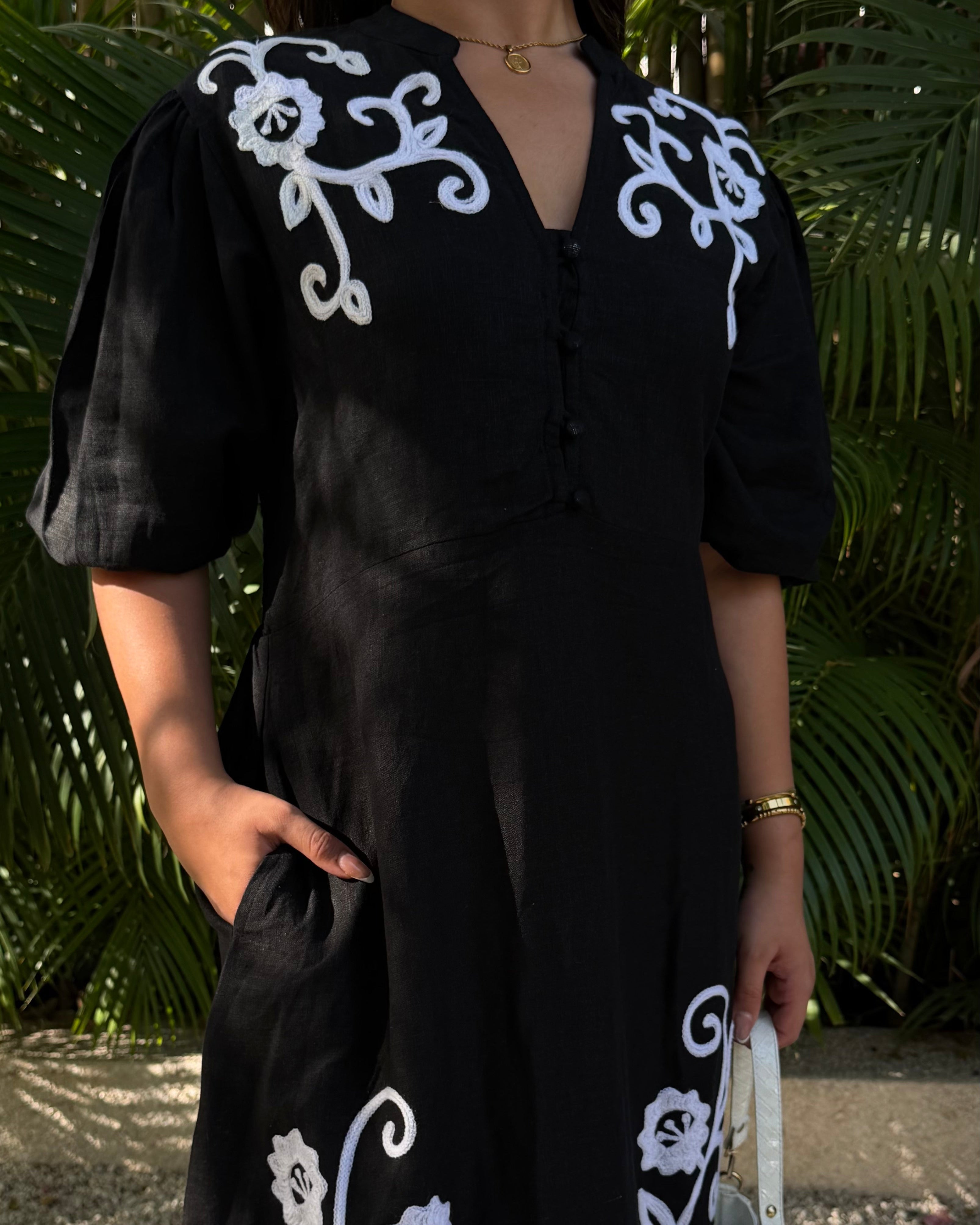 Contrast Embroidery V Neck Flowy Cotton Dress