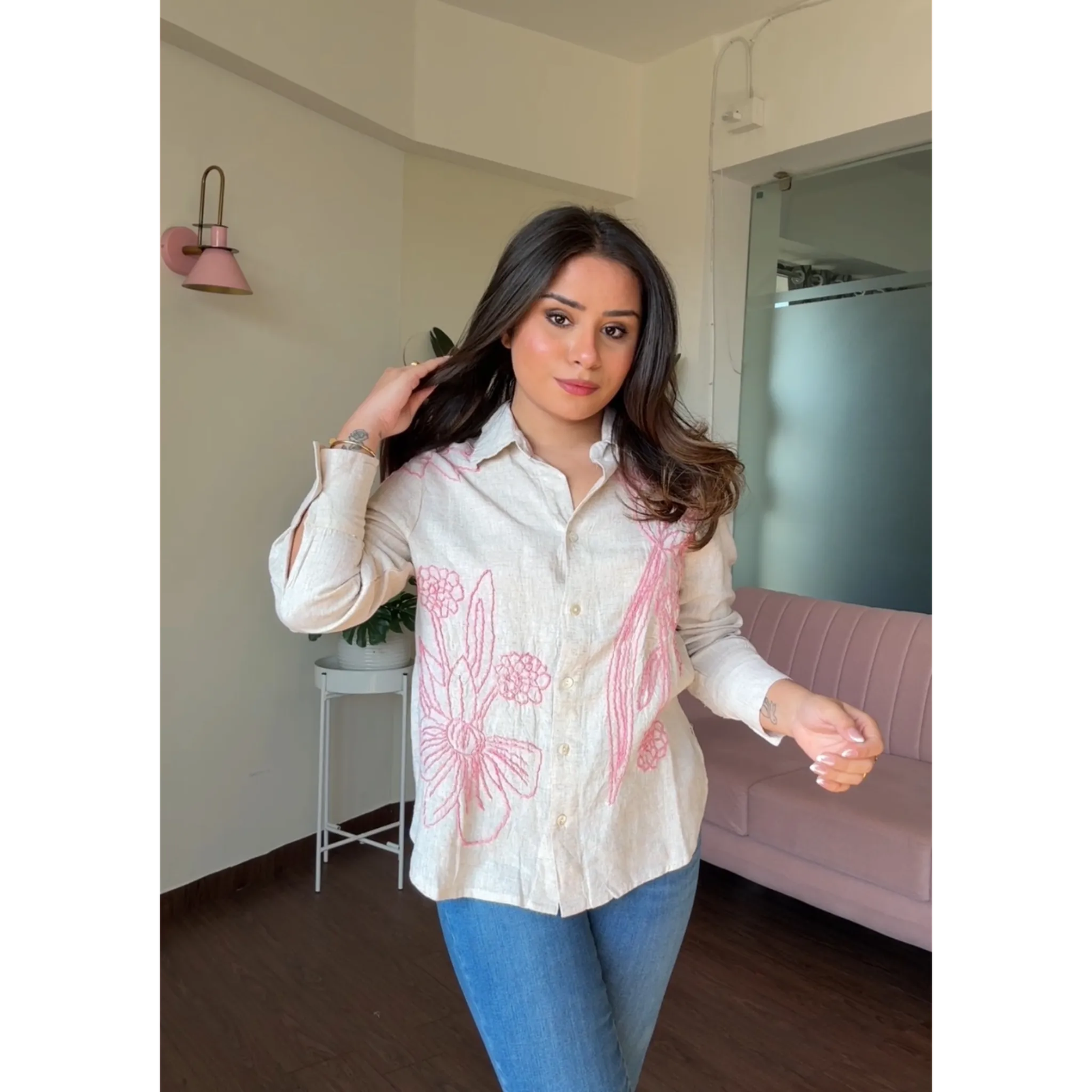 Solid Linen Floral Embroidery Shirt