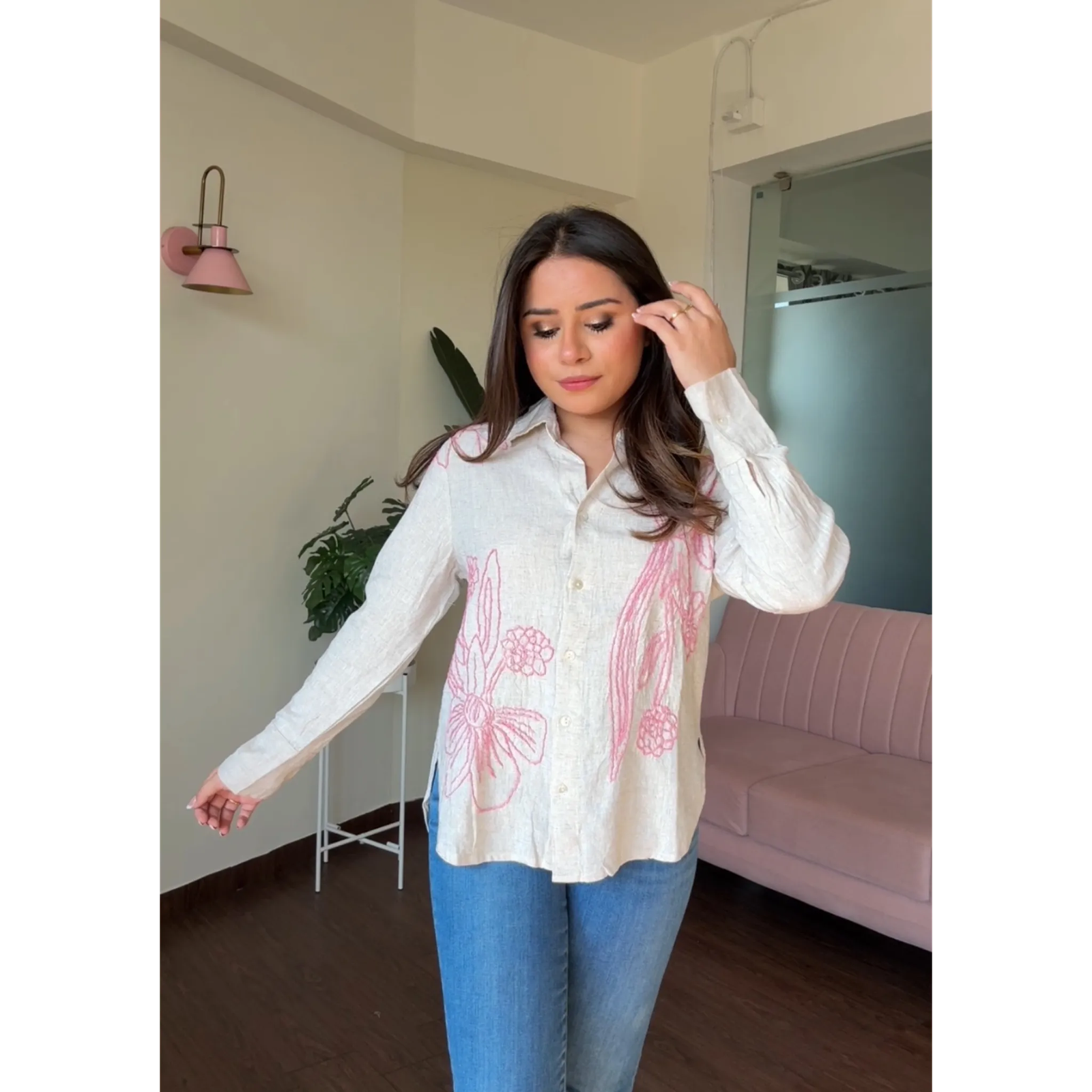 Solid Linen Floral Embroidery Shirt