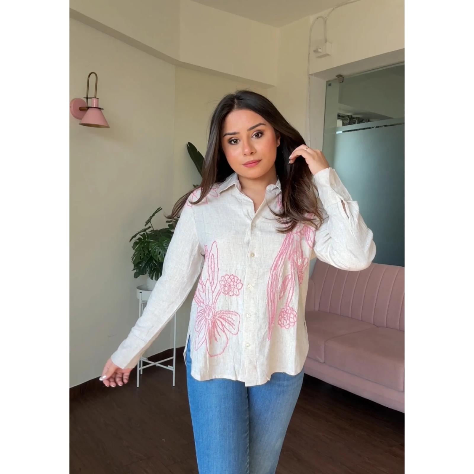 Solid Linen Floral Embroidery Shirt