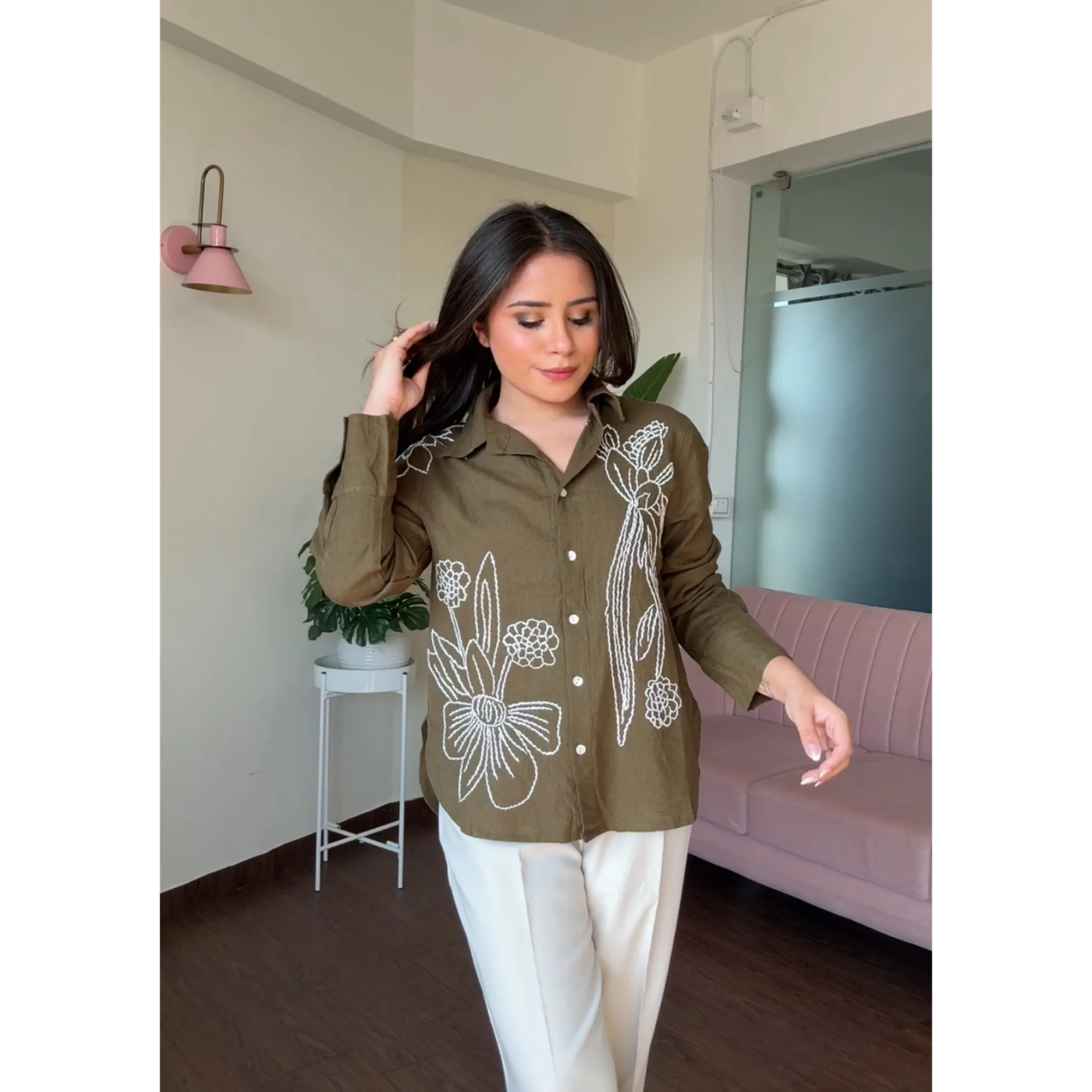 Solid Linen Floral Embroidery Shirt