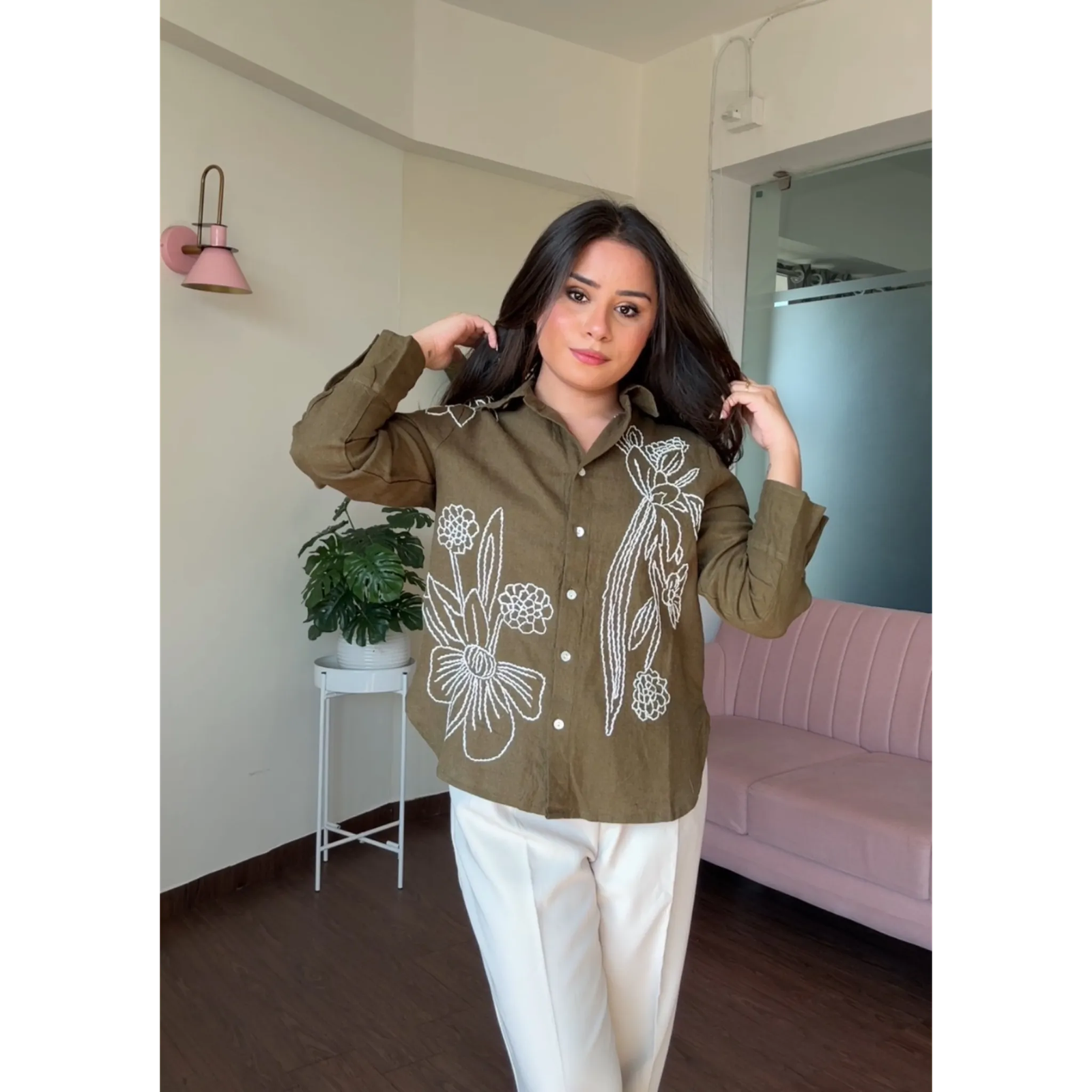 Solid Linen Floral Embroidery Shirt