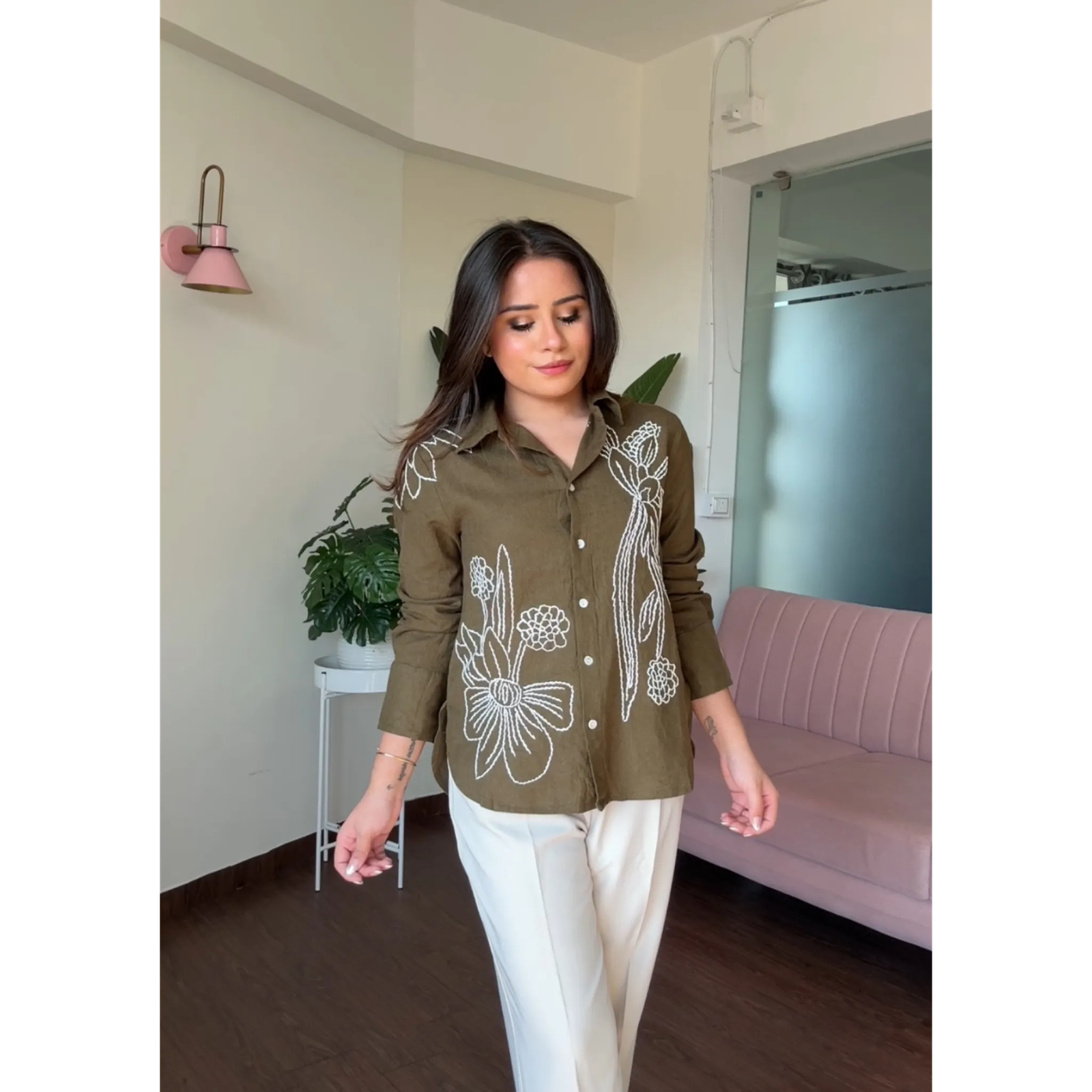 Solid Linen Floral Embroidery Shirt
