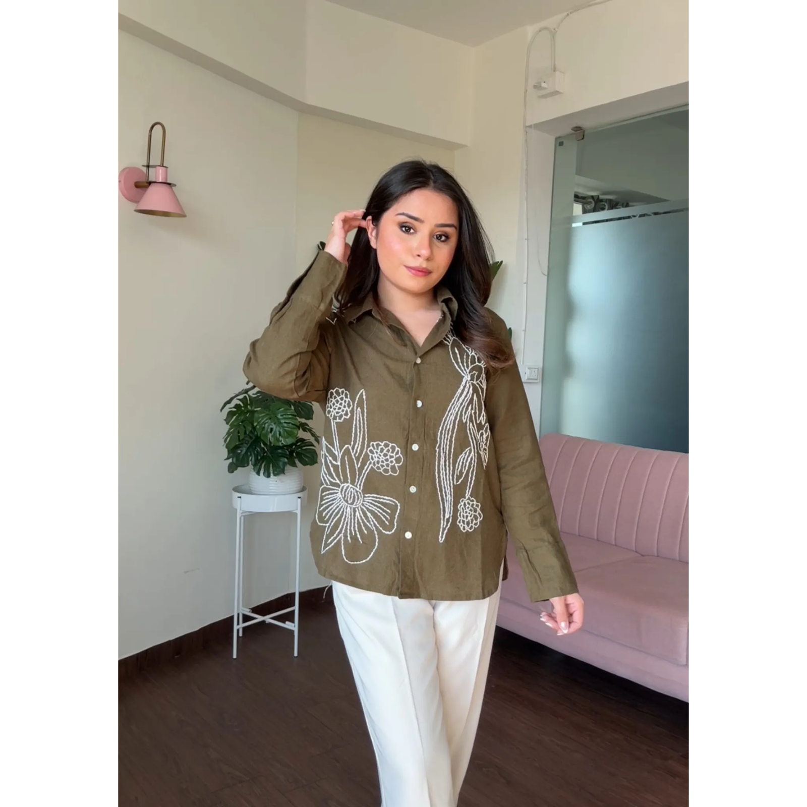 Solid Linen Floral Embroidery Shirt