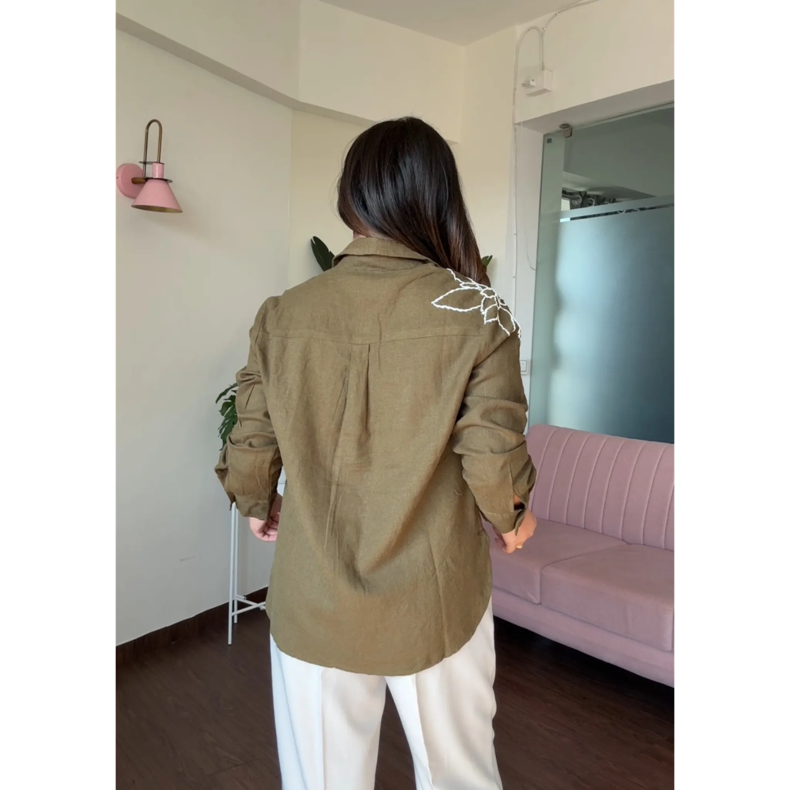 Solid Linen Floral Embroidery Shirt