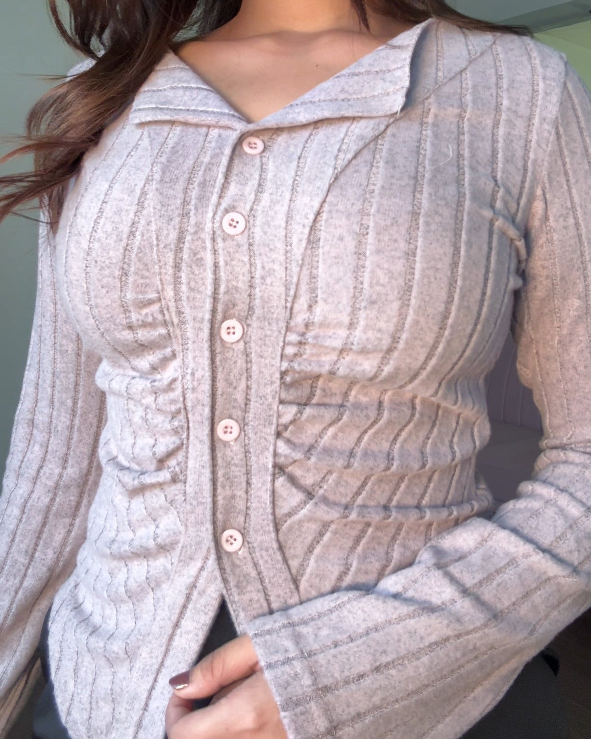 Lavender Fitted Ruched Button-Up Top