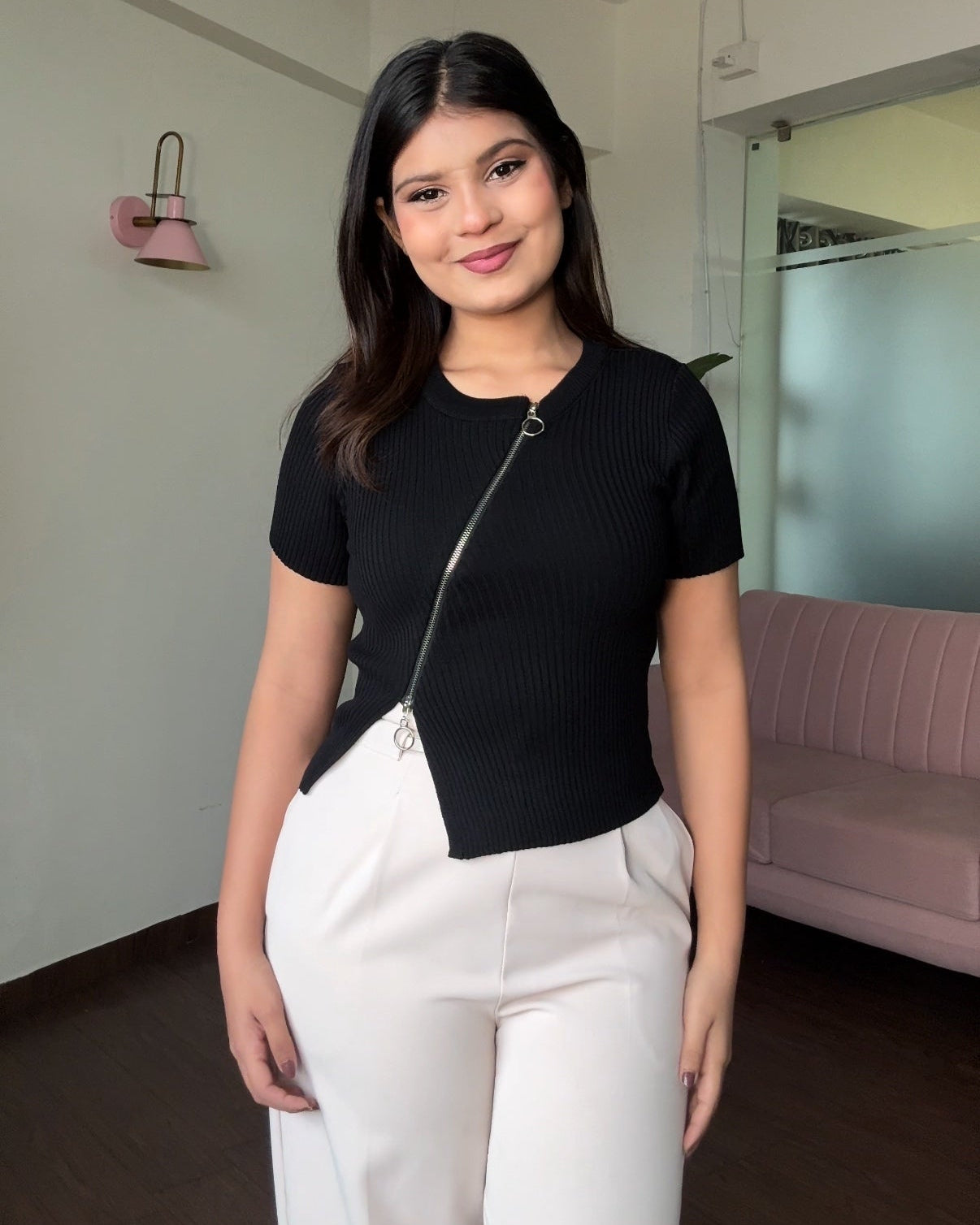 Ribbed Zip-Up Cropped Top