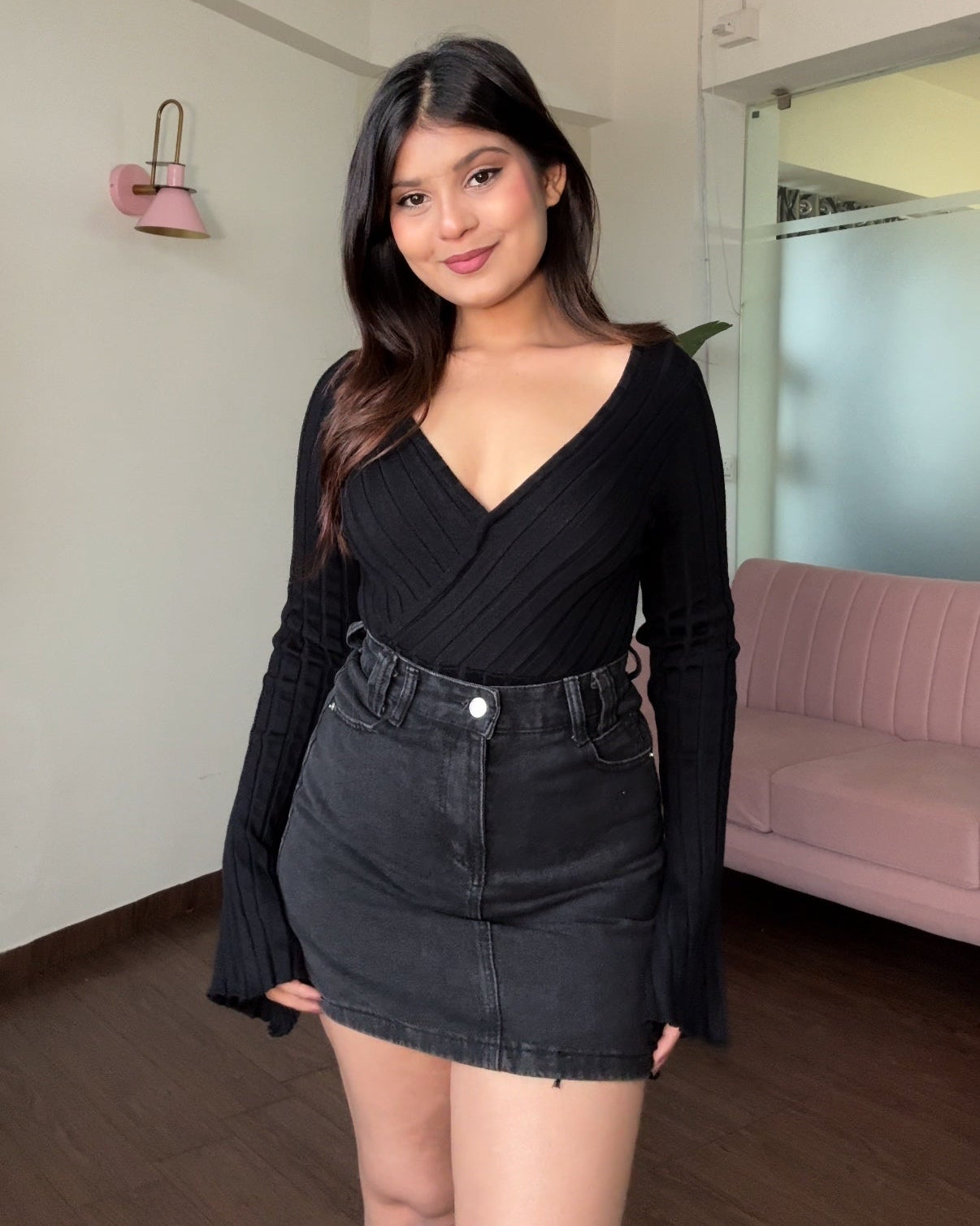 V-Neck Bell Sleeve Knitted Top