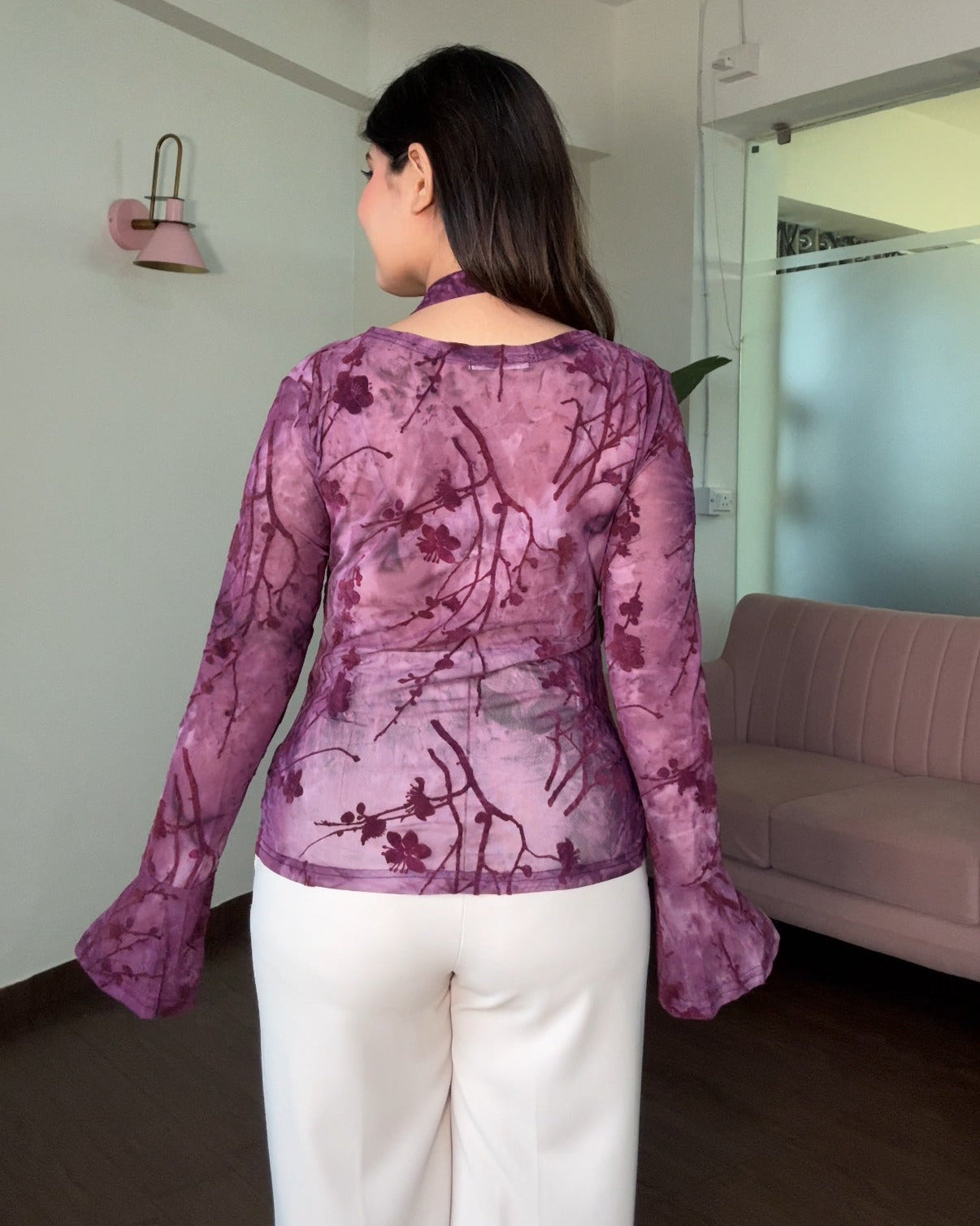 Mesh Ruched V-Hem Top With Scarf