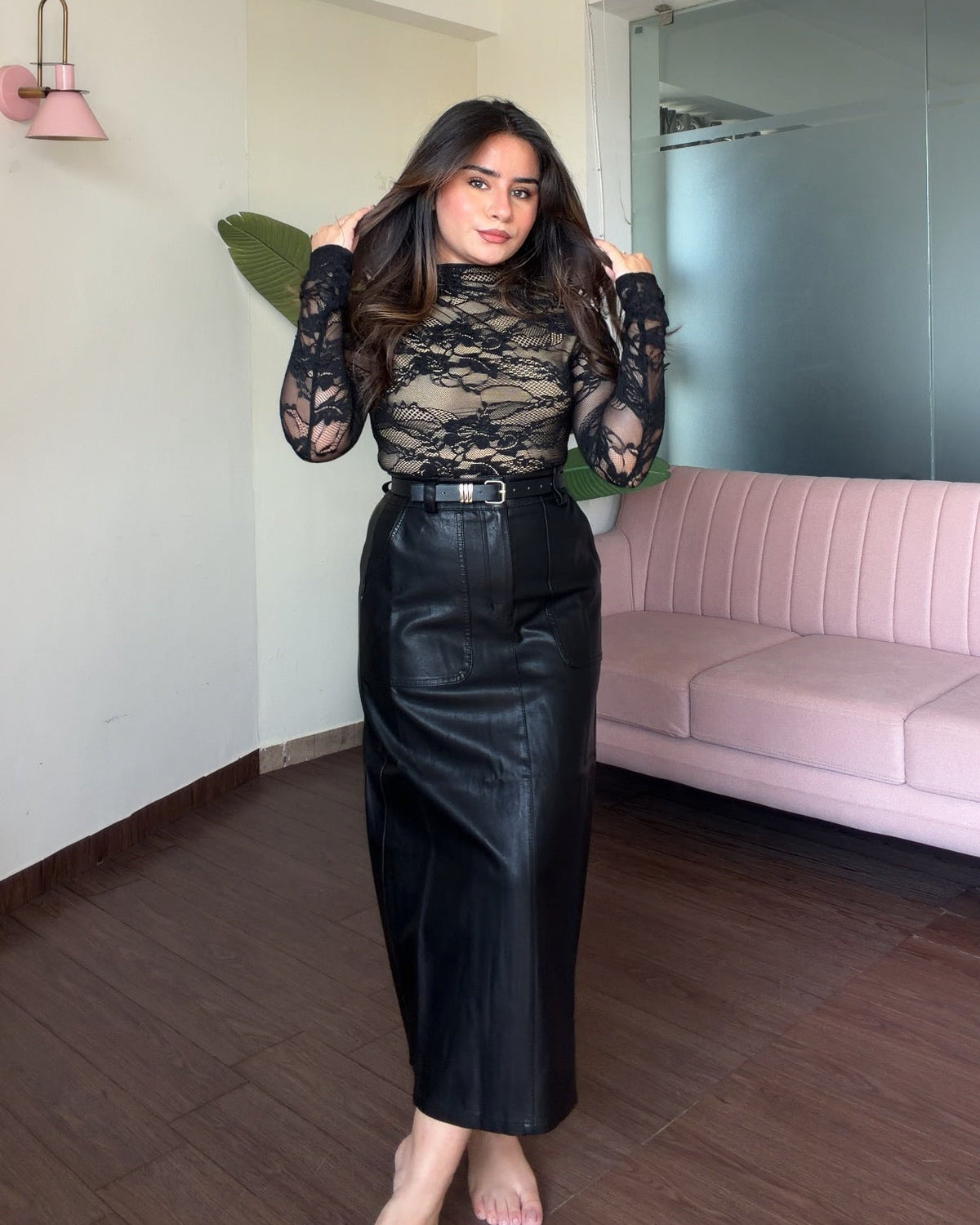 Basic Midi Leather Skirt With Belt