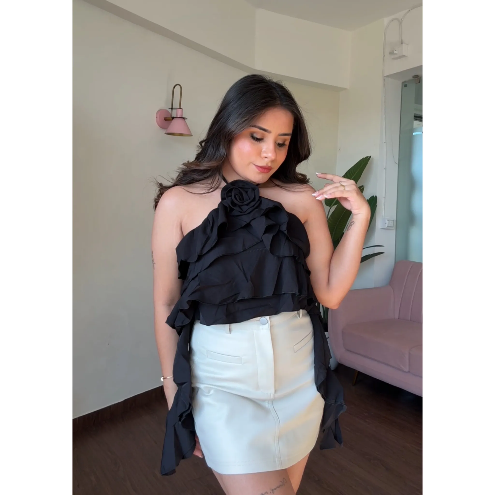 Ruffle Halter Neck Rose Detail Top