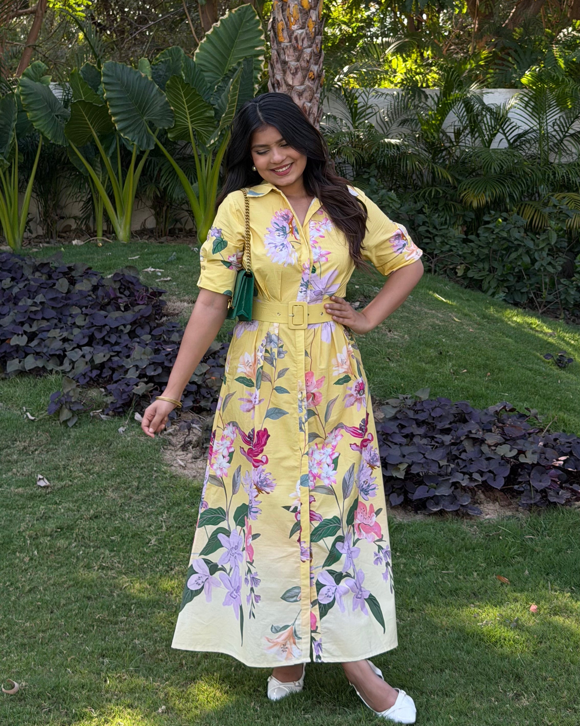 Yellow Floral Detailing Shirt Dress