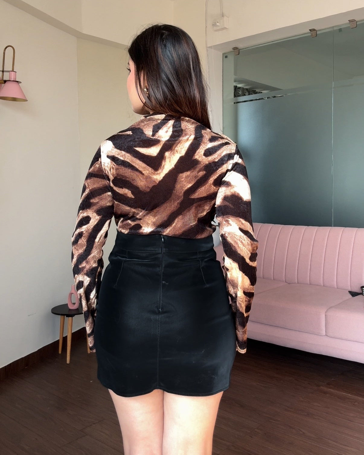 High Neck Keyhole Detailing Animal-Printed Top