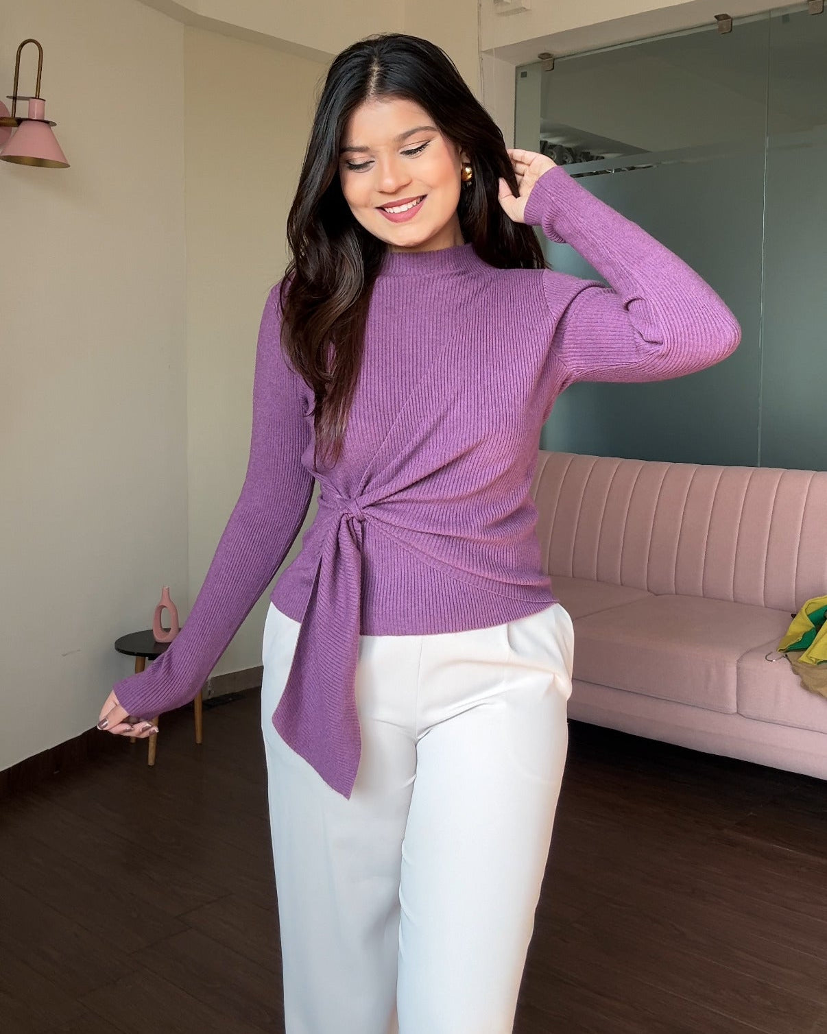 High Neck Wrap Up Ribbed Knitted Top