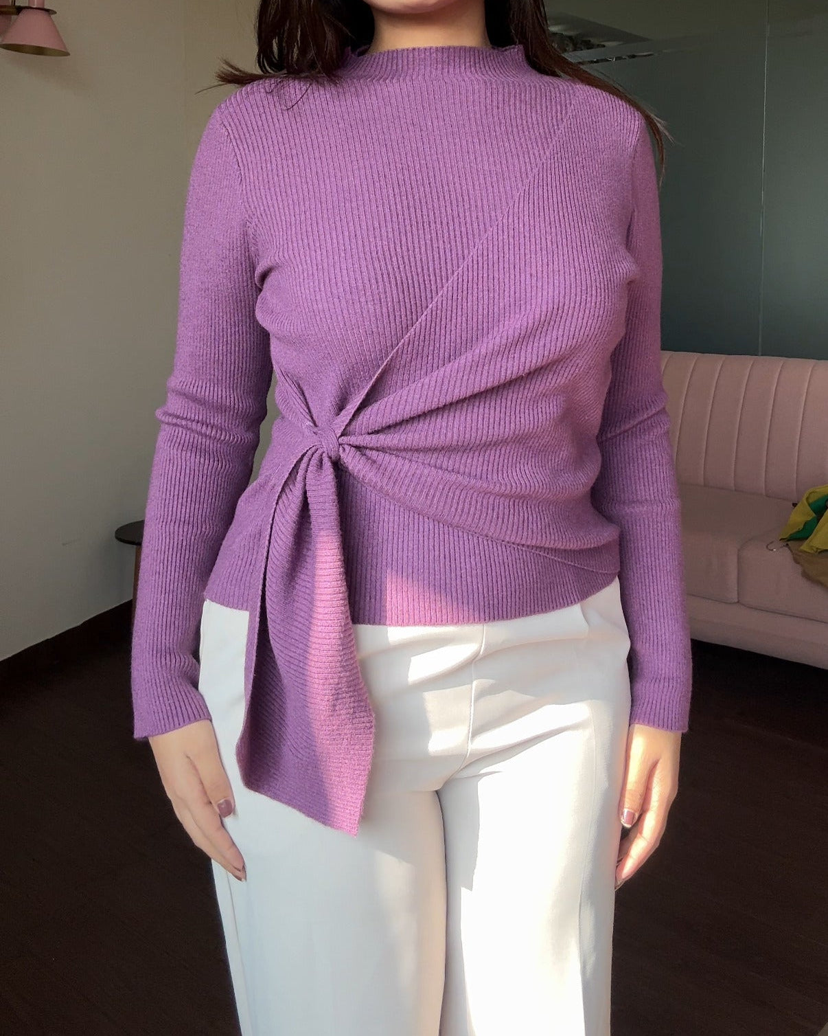 High Neck Wrap Up Ribbed Knitted Top