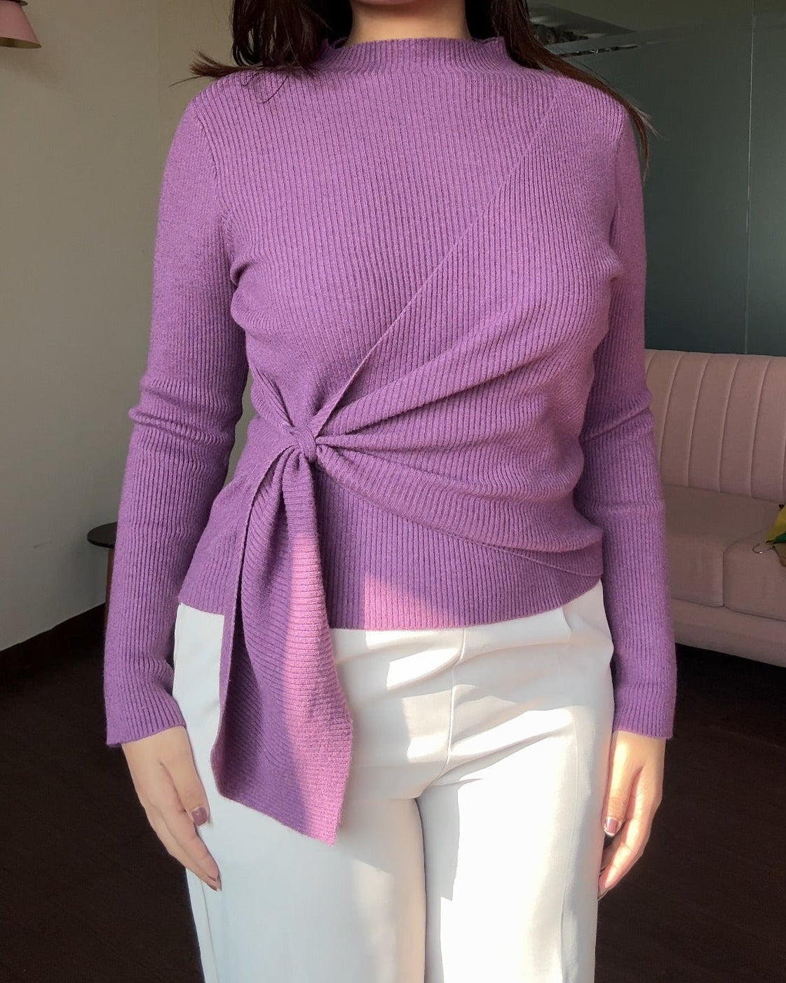 High Neck Wrap Up Ribbed Knitted Top