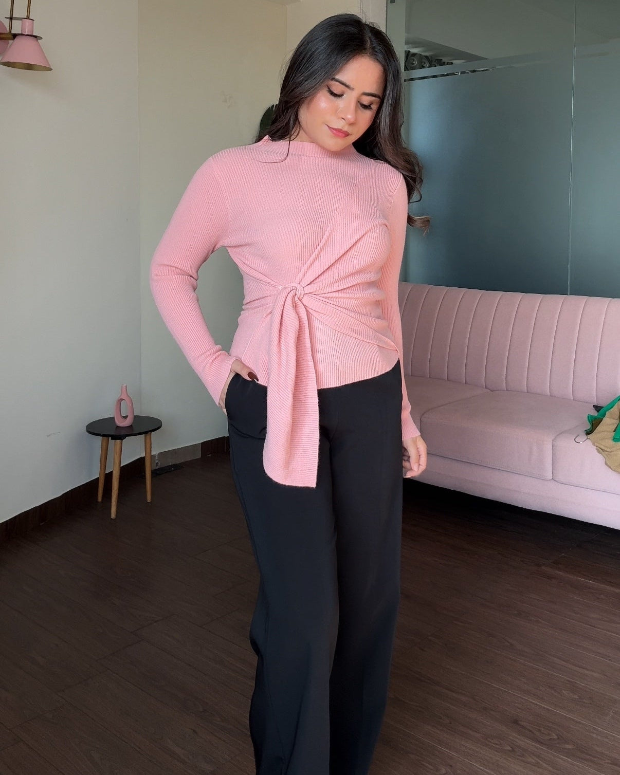 High Neck Wrap Up Ribbed Knitted Top