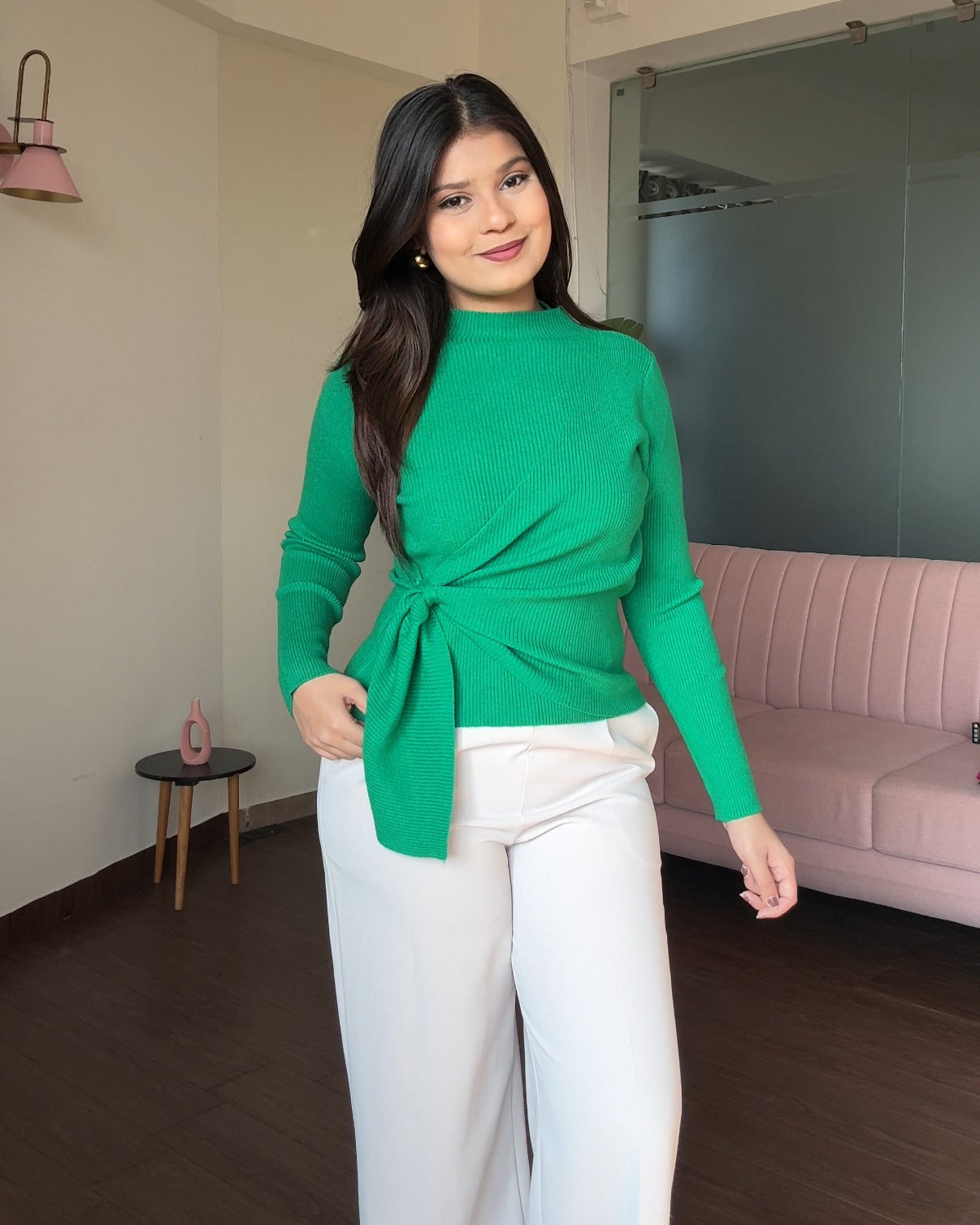 High Neck Wrap Up Ribbed Knitted Top