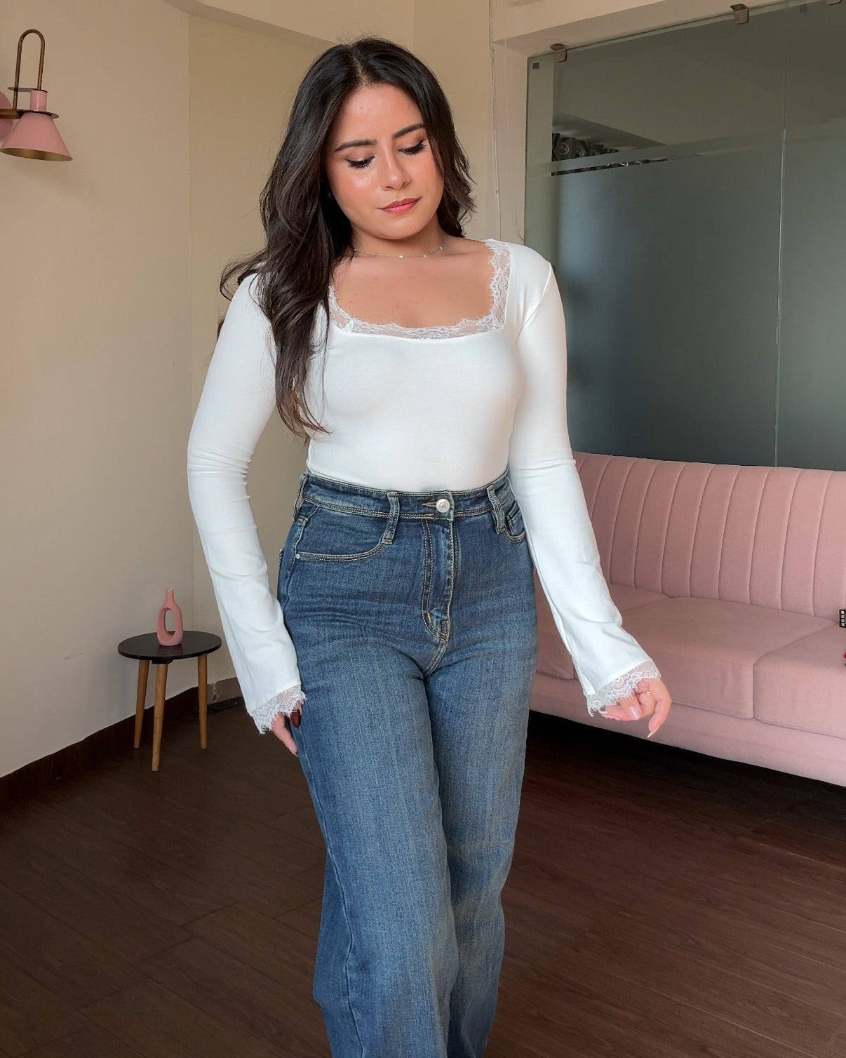 Lace Hem Detailing Bell Sleeves Square Neck Top