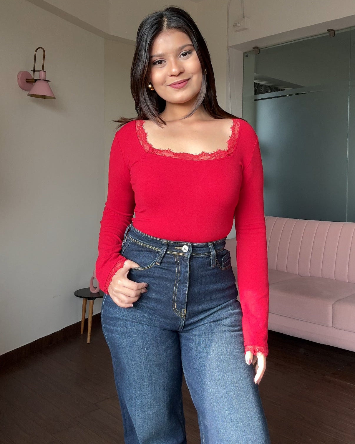 Lace Hem Detailing Bell Sleeves Square Neck Top