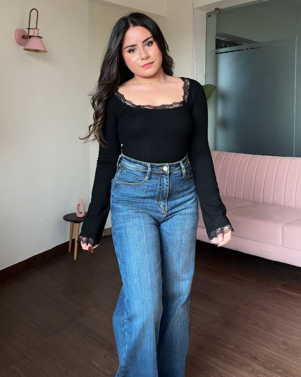 Lace Hem Detailing Bell Sleeves Square Neck Top