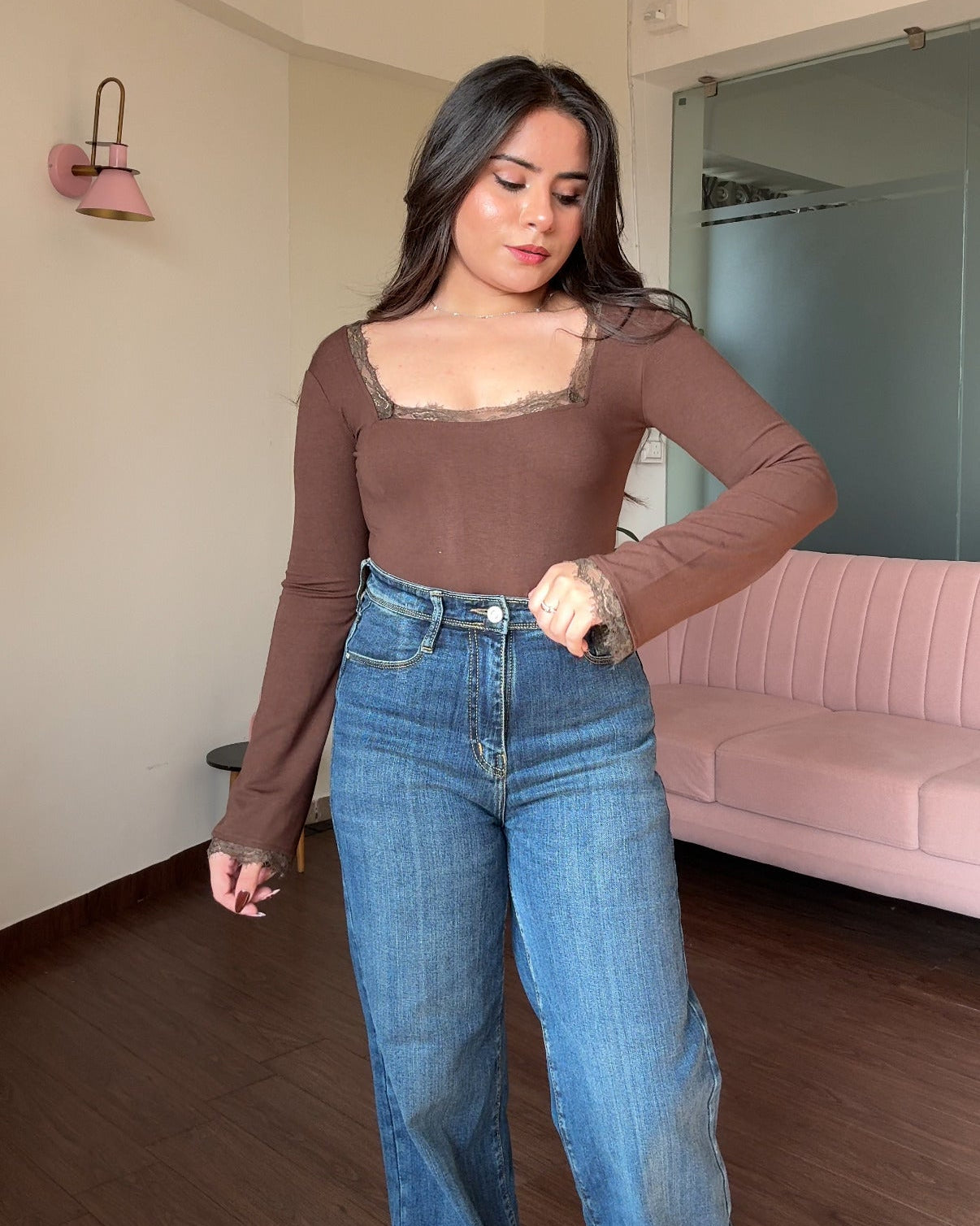 Lace Hem Detailing Bell Sleeves Square Neck Top