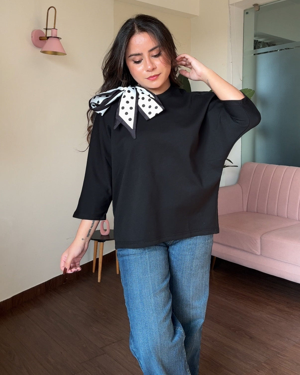 Round Neck Bow Detailing Oversized Tee