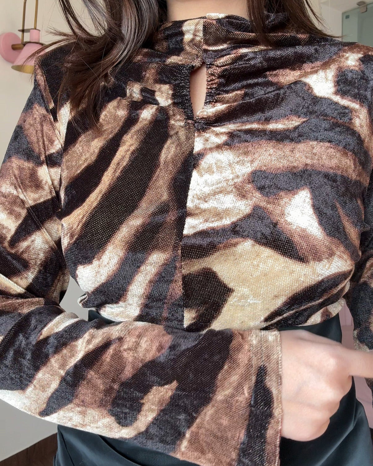 High Neck Keyhole Detailing Animal-Printed Top