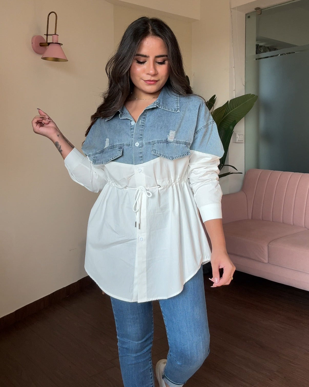 Denim Detailing Waist Adjustable Button-Up Shirt