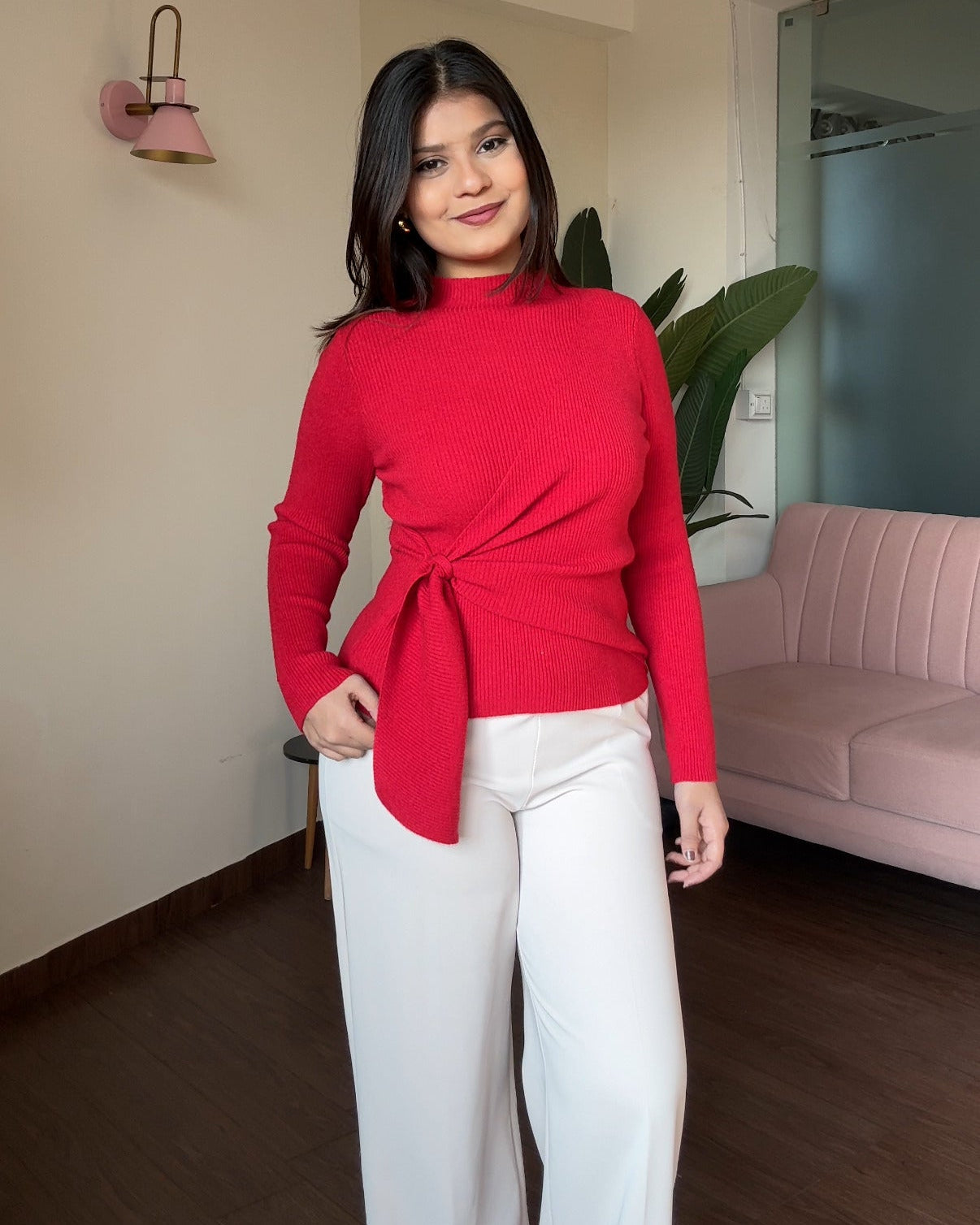 High Neck Wrap Up Ribbed Knitted Top