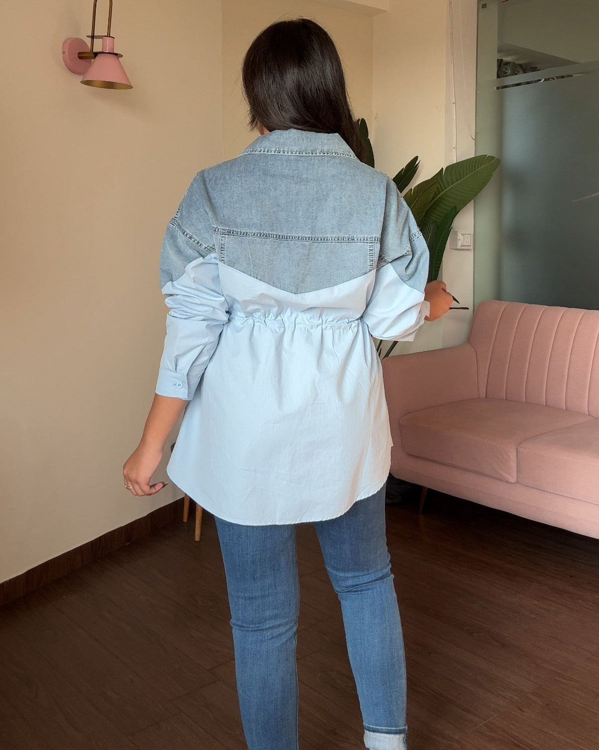 Denim Detailing Waist Adjustable Button-Up Shirt