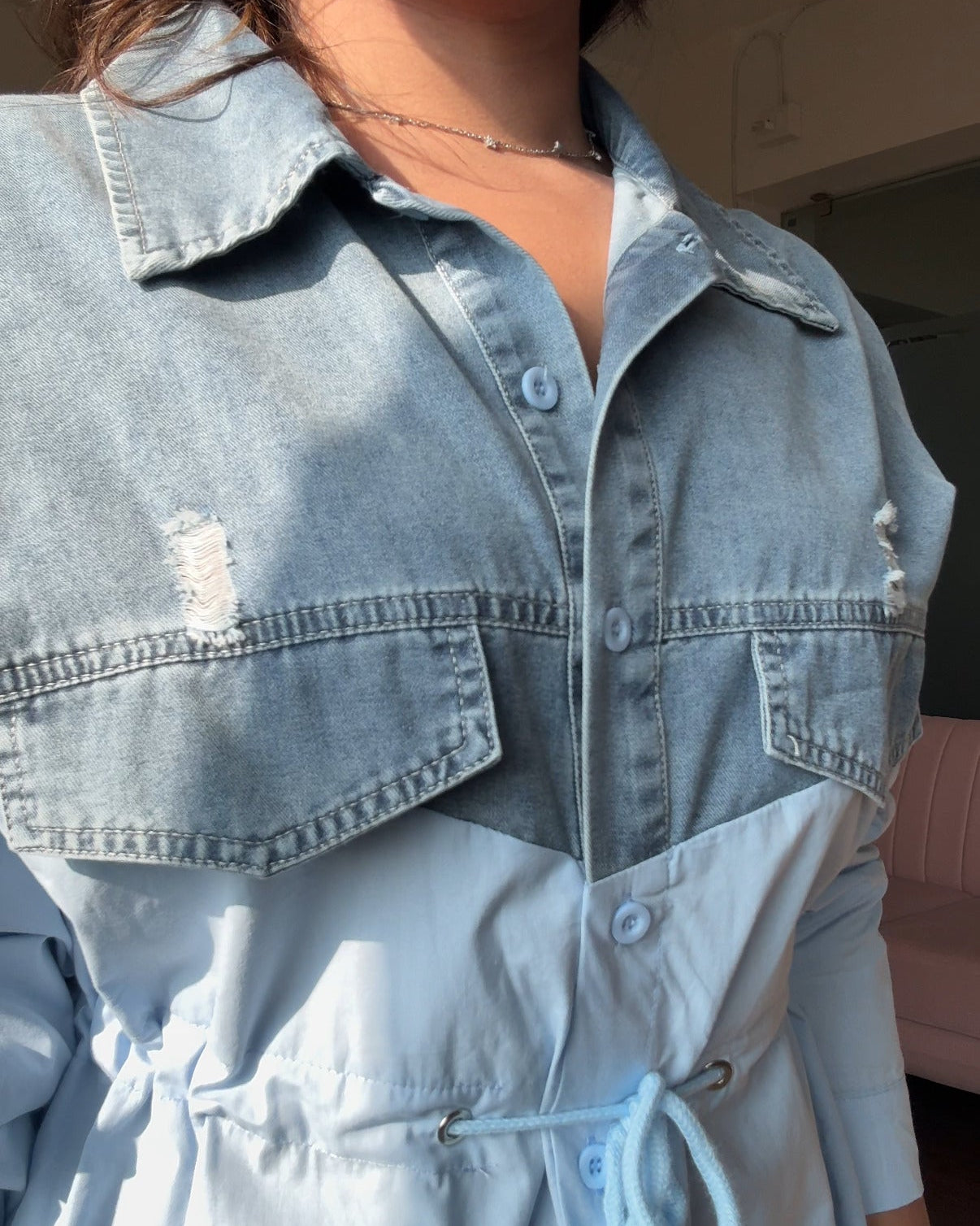 Denim Detailing Waist Adjustable Button-Up Shirt