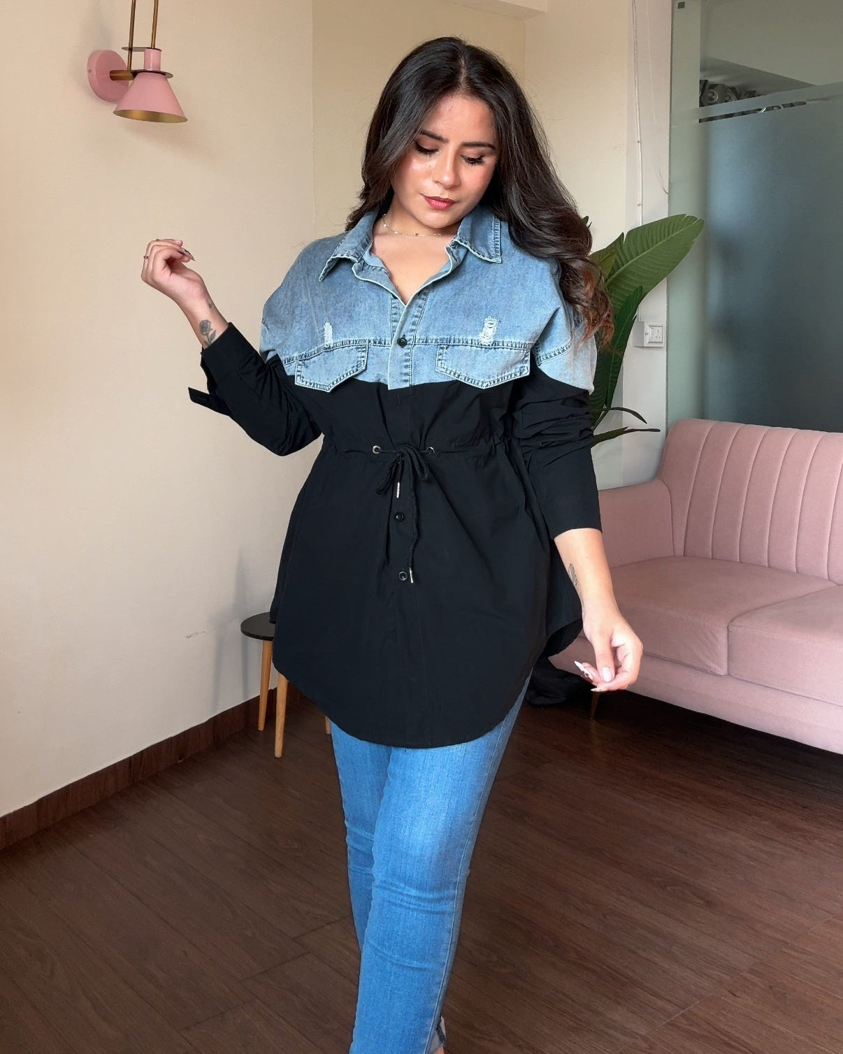 Denim Detailing Waist Adjustable Button-Up Shirt