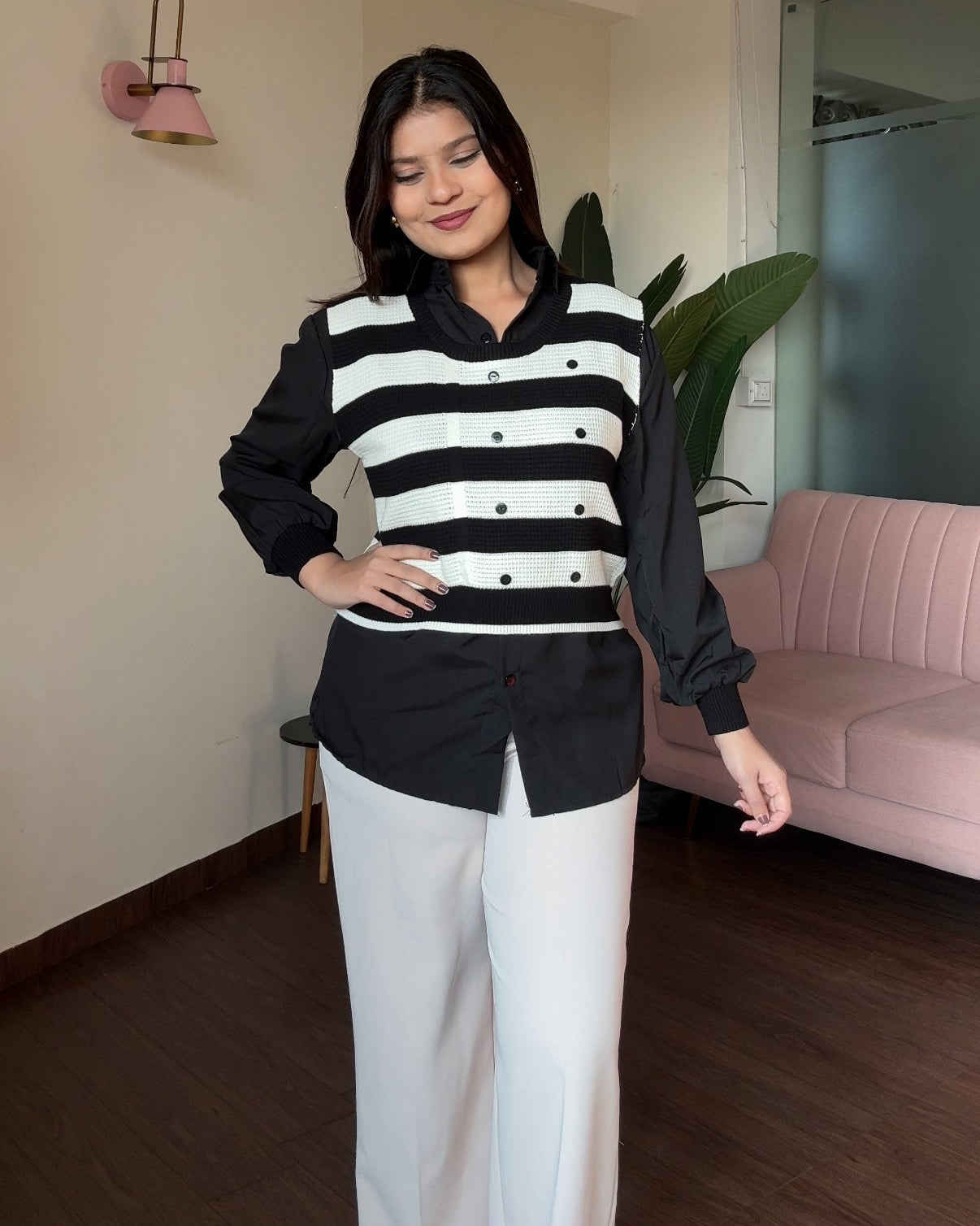 Stripped Button Detailing Vest Top With Shirt