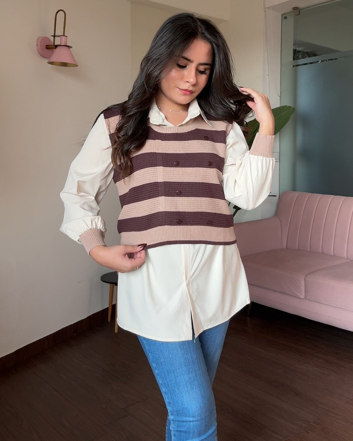 Stripped Button Detailing Vest Top With Shirt