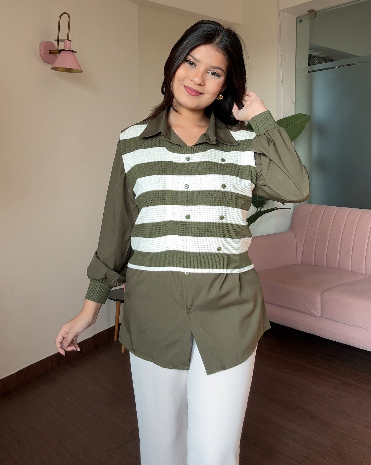 Stripped Button Detailing Vest Top With Shirt