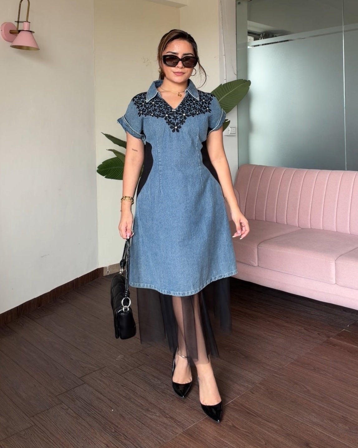 Denim Embellished Contrast Detailing Two Way Dress