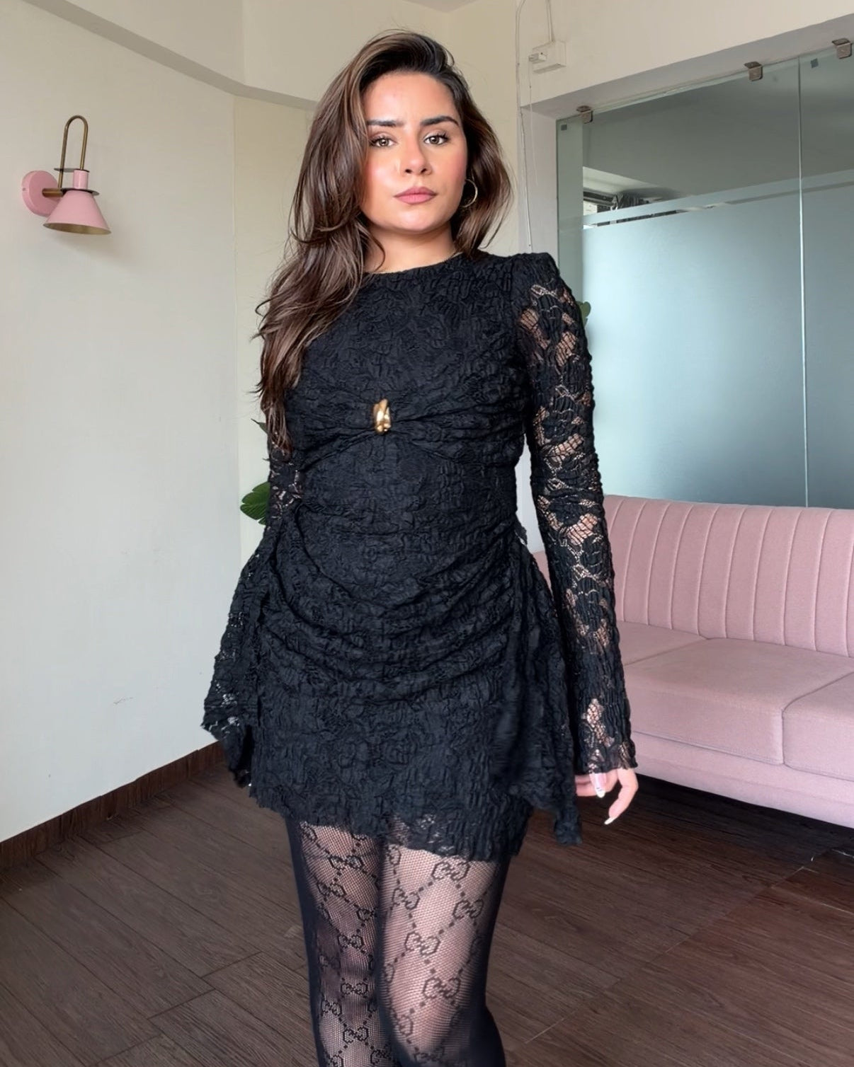 Bell Sleeve Golden Buckle Detailing Lacy Mini Dress