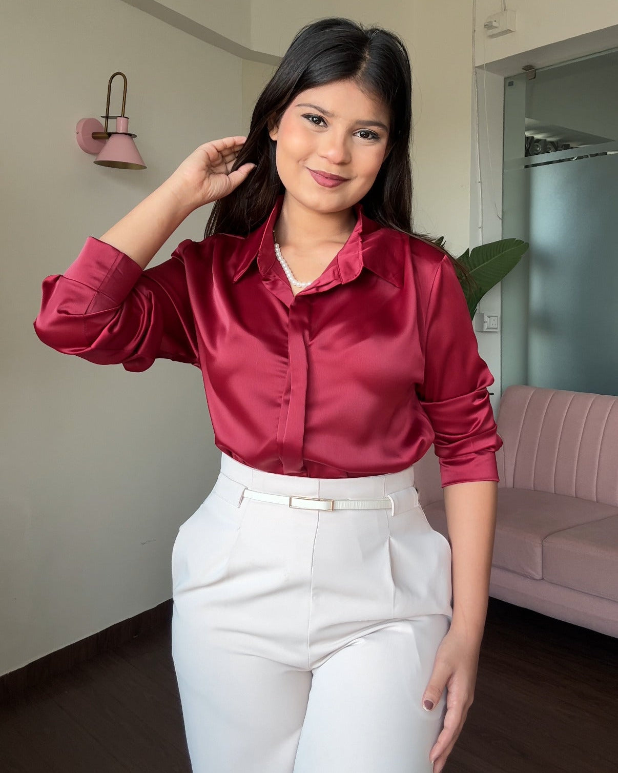 Satin Pearl Necklace Full Sleeve Blouse