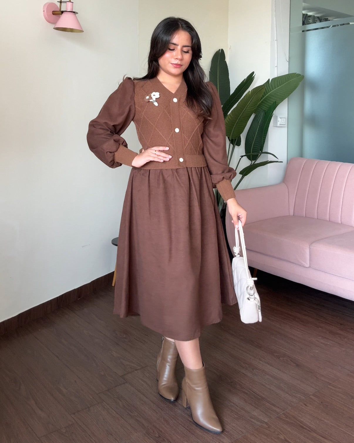 Flower-Detailing Vest-Style Flared Winter Dress