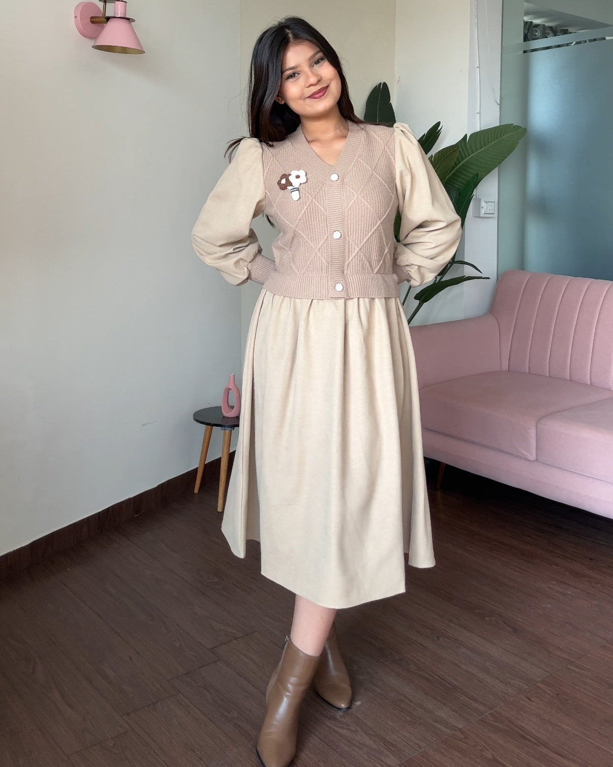 Flower-Detailing Vest-Style Flared Winter Dress