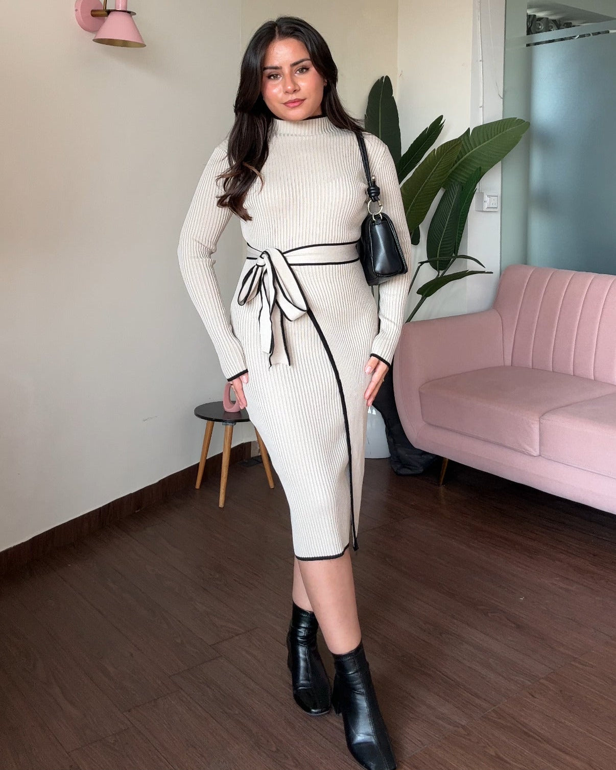 Contrast Tie-Up High-Neck Ribbed Knitted Winter Dress